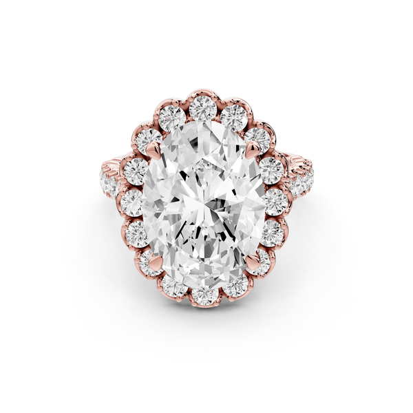 Anastasia - 5ct 18k rose gold oval Diamond with Floral Halo and Pavé engagement Ring - Mr. Alex Jewelry