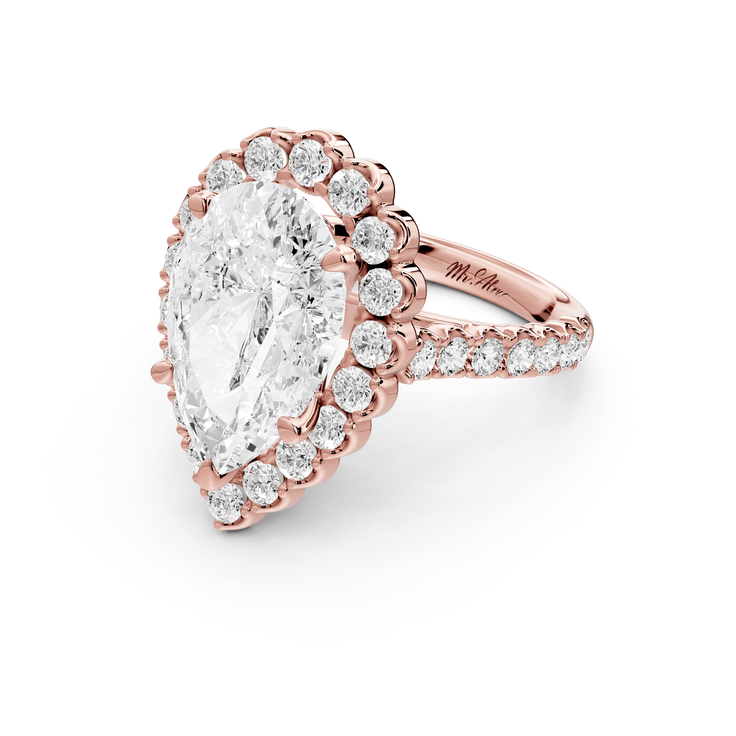 Anastasia - 5ct 18k rose gold pear Diamond with Floral Halo and Pavé engagement Ring - Mr. Alex Jewelry
