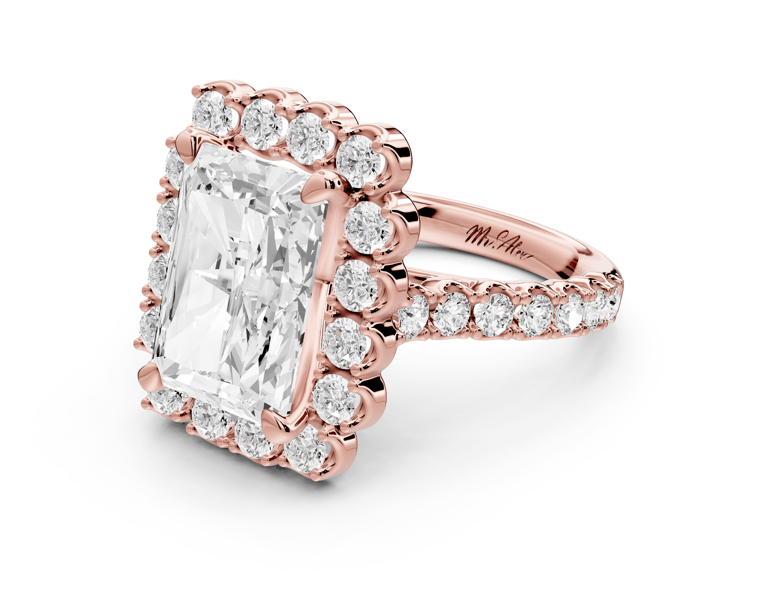 Anastasia - 5ct 18k rose gold radiant Diamond with Floral Halo and Pavé engagement Ring - Mr. Alex Jewelry