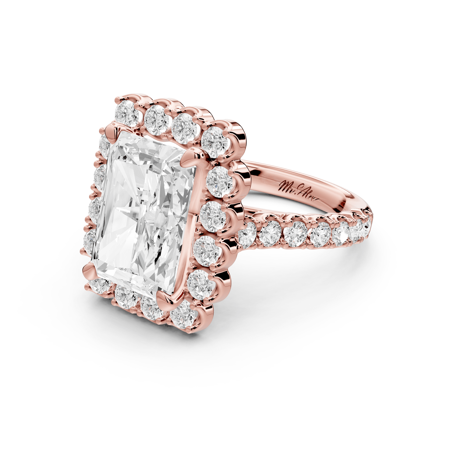 Anastasia - 5ct 18k rose gold radiant Diamond with Floral Halo and Pavé engagement Ring - Mr. Alex Jewelry