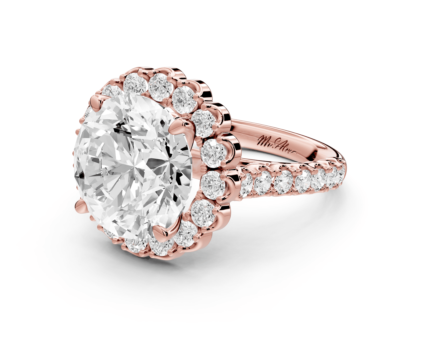 Anastasia - 5ct 18k rose gold round Diamond with Floral Halo and Pavé engagement Ring - Mr. Alex Jewelry