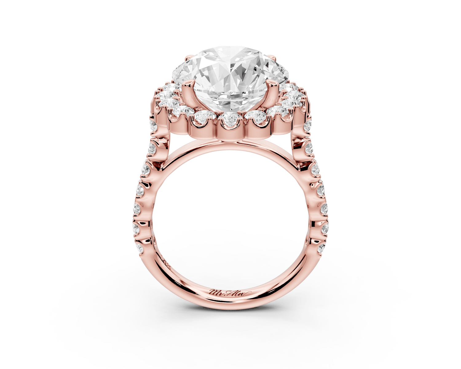 Anastasia - 5ct 18k rose gold round Diamond with Floral Halo and Pavé engagement Ring - Mr. Alex Jewelry