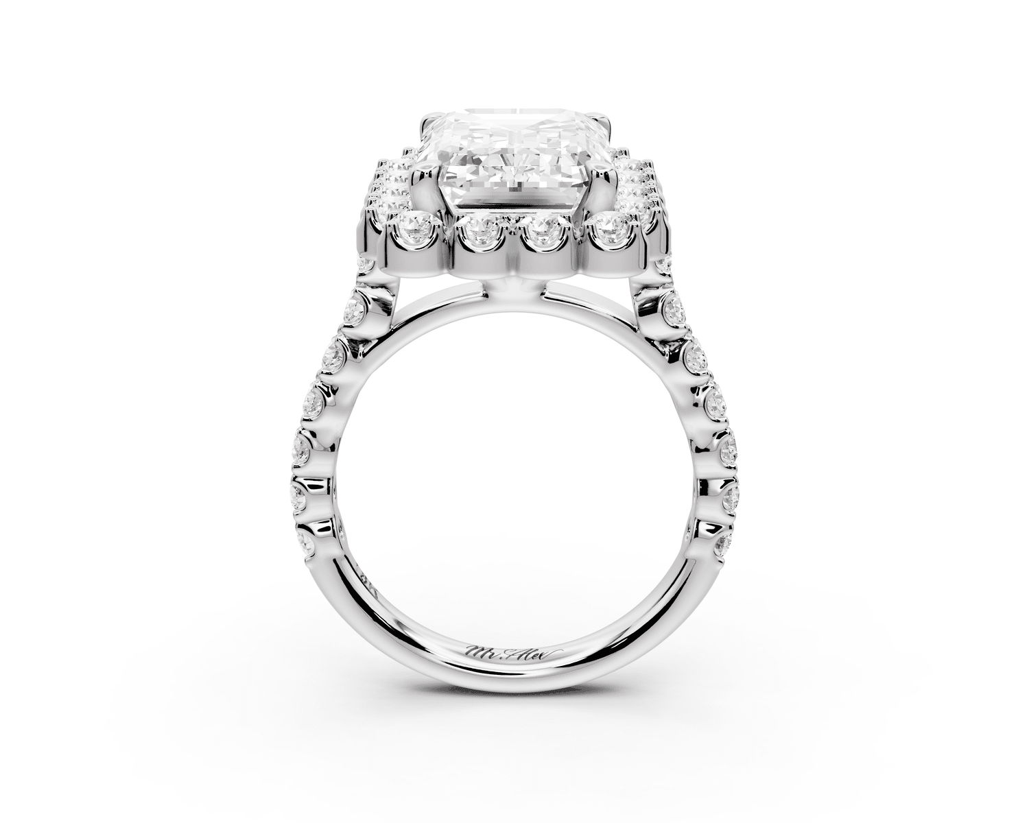 Anastasia - 5ct 18k white gold emerald Diamond with Floral Halo and Pavé engagement Ring - Mr. Alex Jewelry