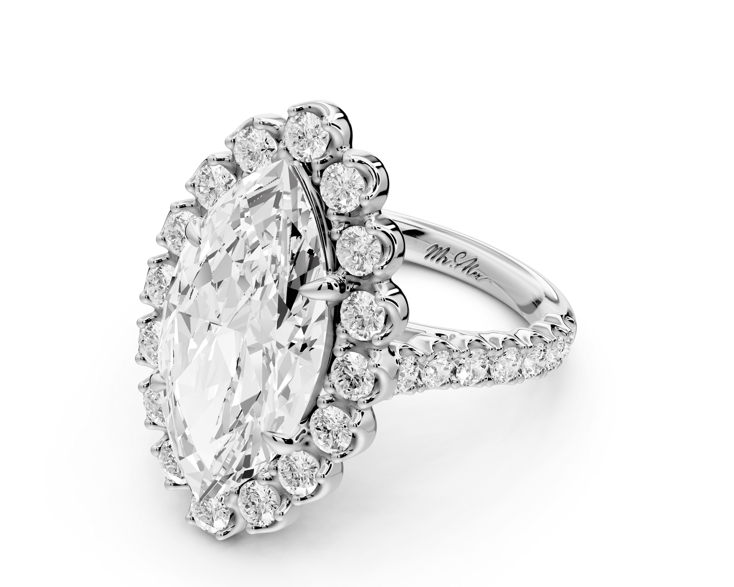 Anastasia - 5ct 18k white gold marquise Diamond with Floral Halo and Pavé engagement Ring - Mr. Alex Jewelry