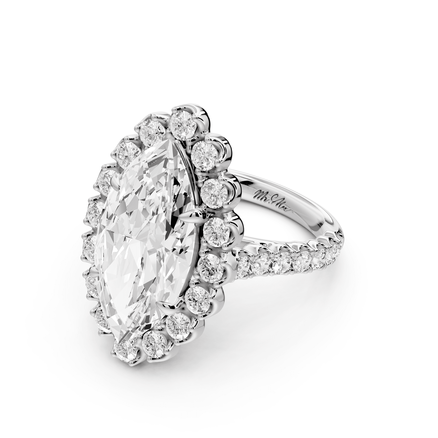 Anastasia - 5ct 18k white gold marquise Diamond with Floral Halo and Pavé engagement Ring - Mr. Alex Jewelry