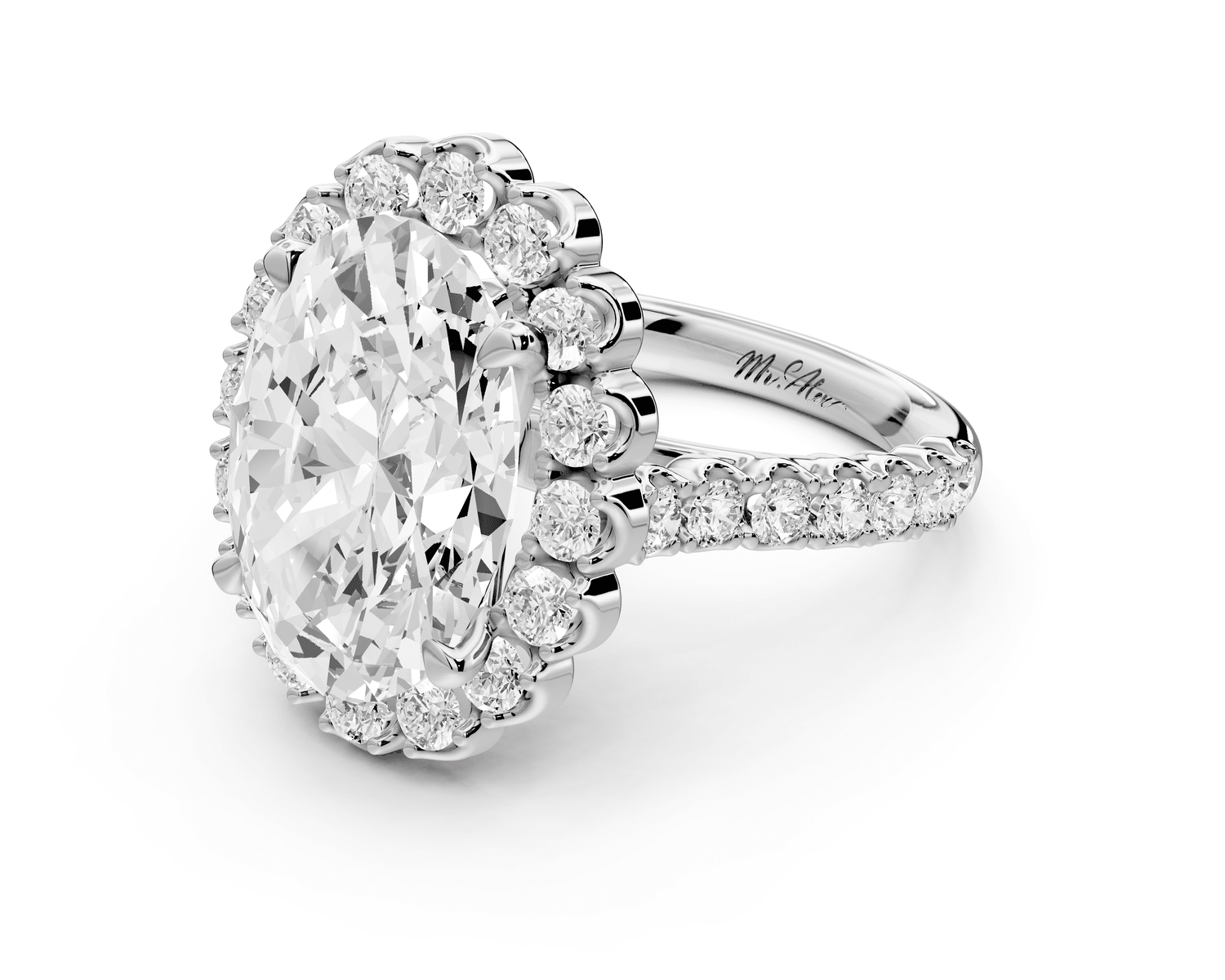 Anastasia - 5ct 18k white gold oval Diamond with Floral Halo and Pavé engagement Ring - Mr. Alex Jewelry