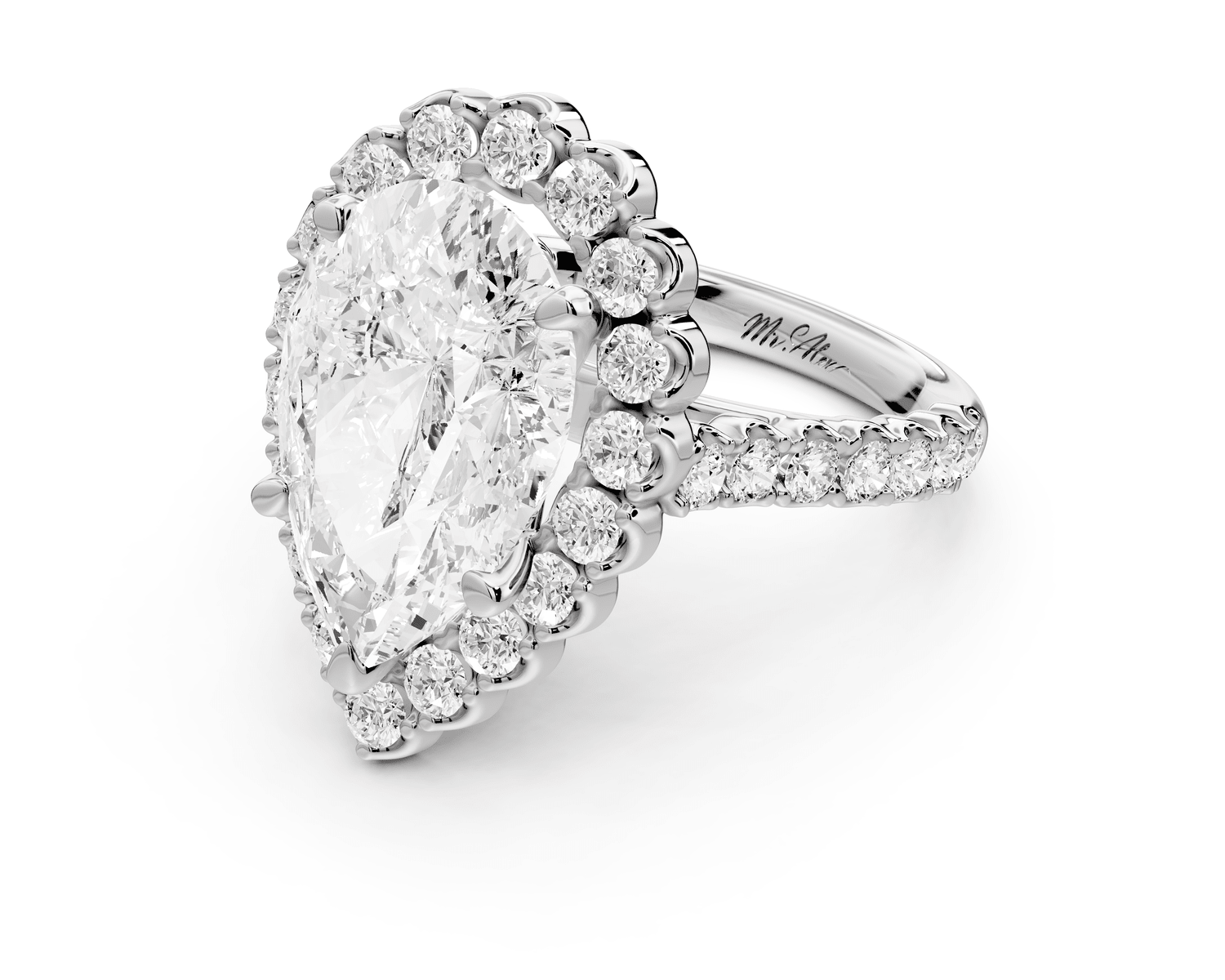 Anastasia - 5ct 18k white gold pear Diamond with Floral Halo and Pavé engagement Ring - Mr. Alex Jewelry