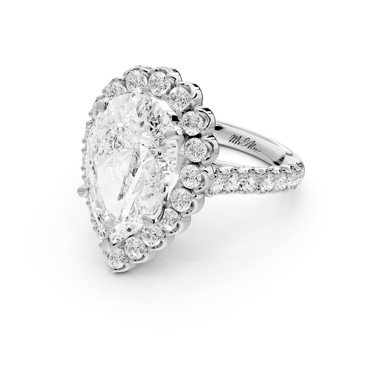 Anastasia - 5ct 18k white gold pear Diamond with Floral Halo and Pavé engagement Ring - Mr. Alex Jewelry