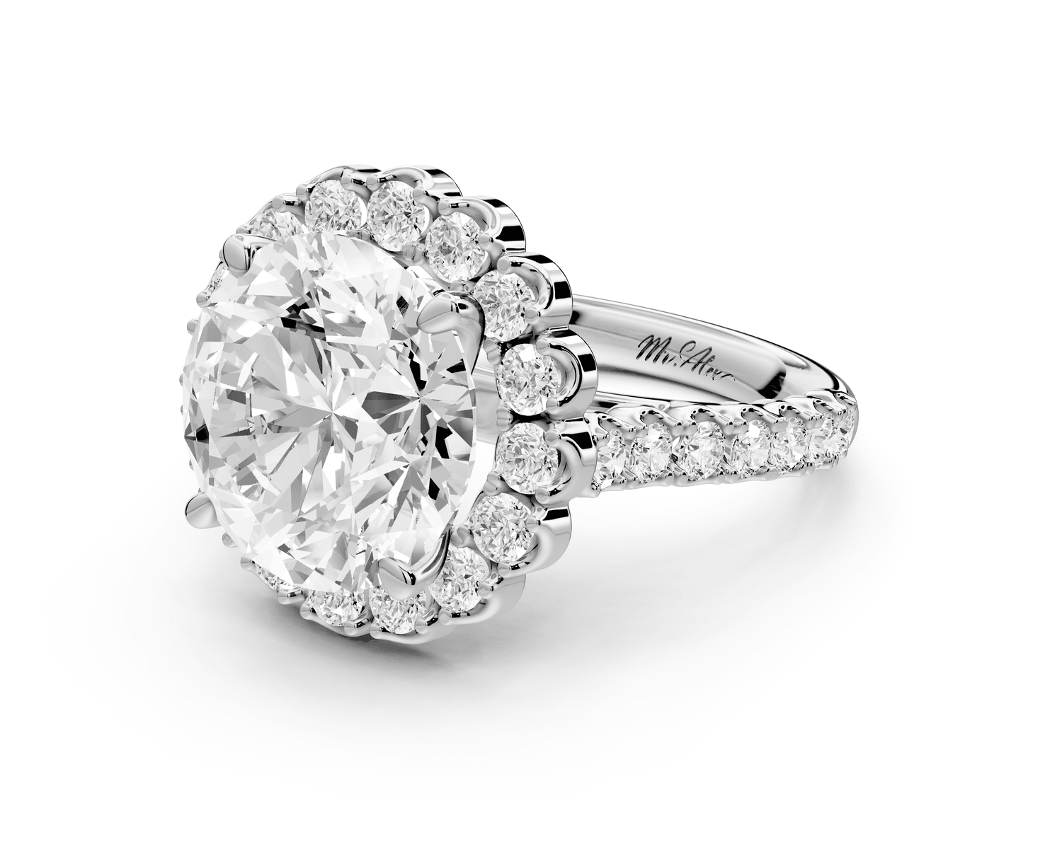 Anastasia - 5ct 18k white gold round Diamond with Floral Halo and Pavé engagement Ring - Mr. Alex Jewelry