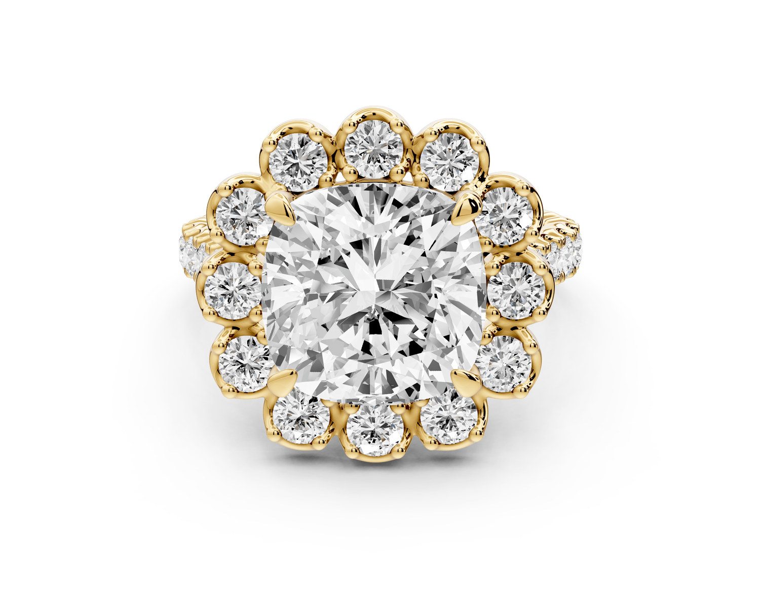 Anastasia - 5ct 18k yellow gold cushion Diamond with Floral Halo and Pavé engagement Ring - Mr. Alex Jewelry
