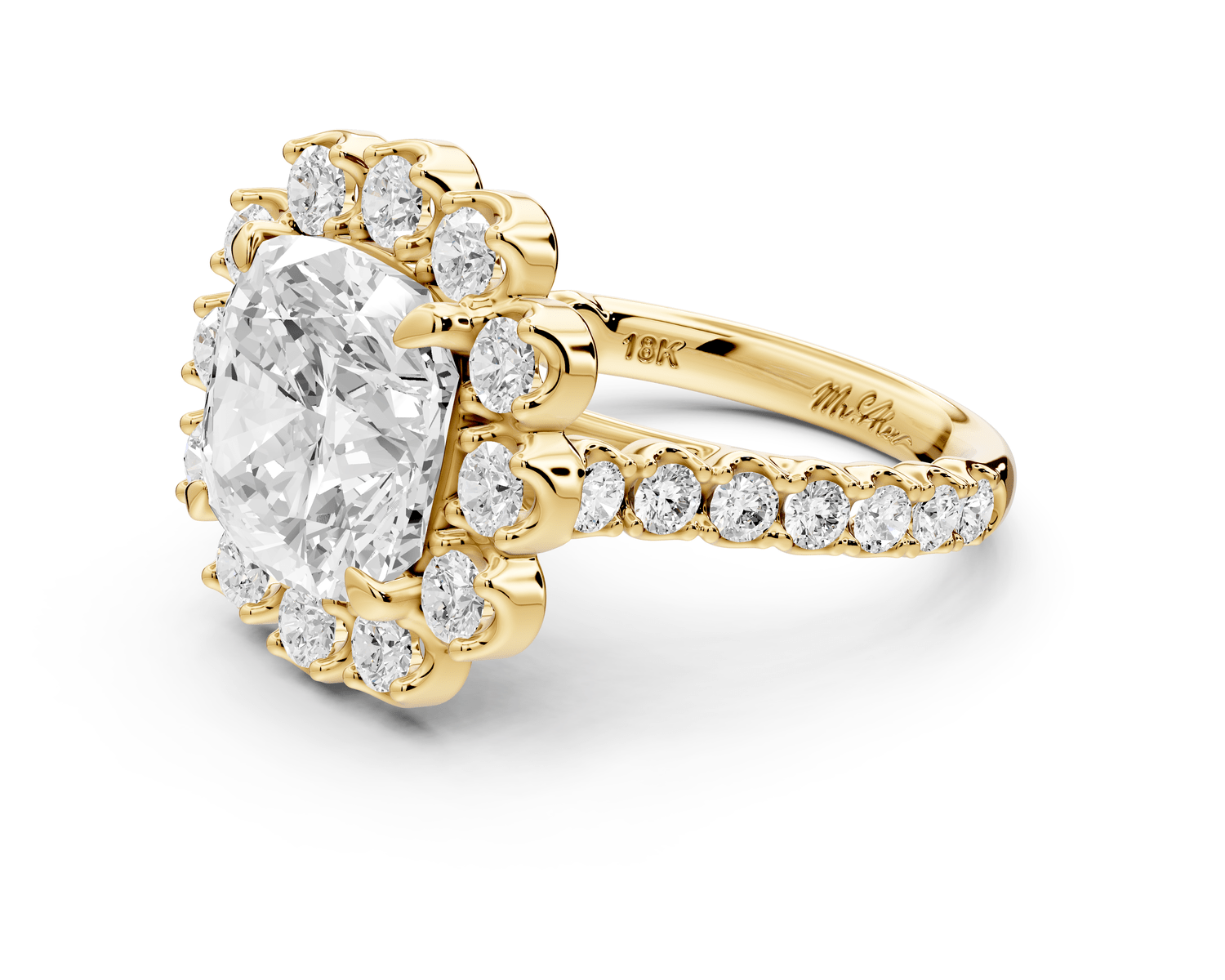 Anastasia - 5ct 18k yellow gold cushion Diamond with Floral Halo and Pavé engagement Ring - Mr. Alex Jewelry