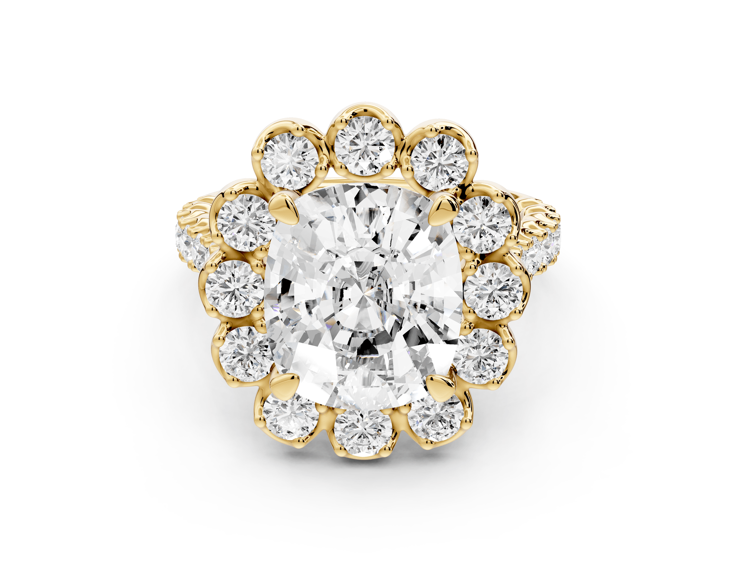 Anastasia - 5ct 18k yellow gold ecushion Diamond with Floral Halo and Pavé engagement Ring - Mr. Alex Jewelry
