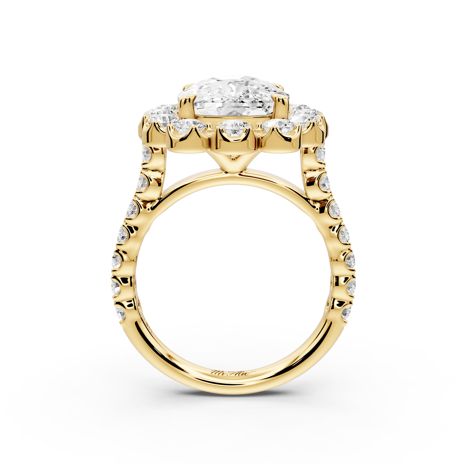 Anastasia - 5ct 18k yellow gold ecushion Diamond with Floral Halo and Pavé engagement Ring - Mr. Alex Jewelry