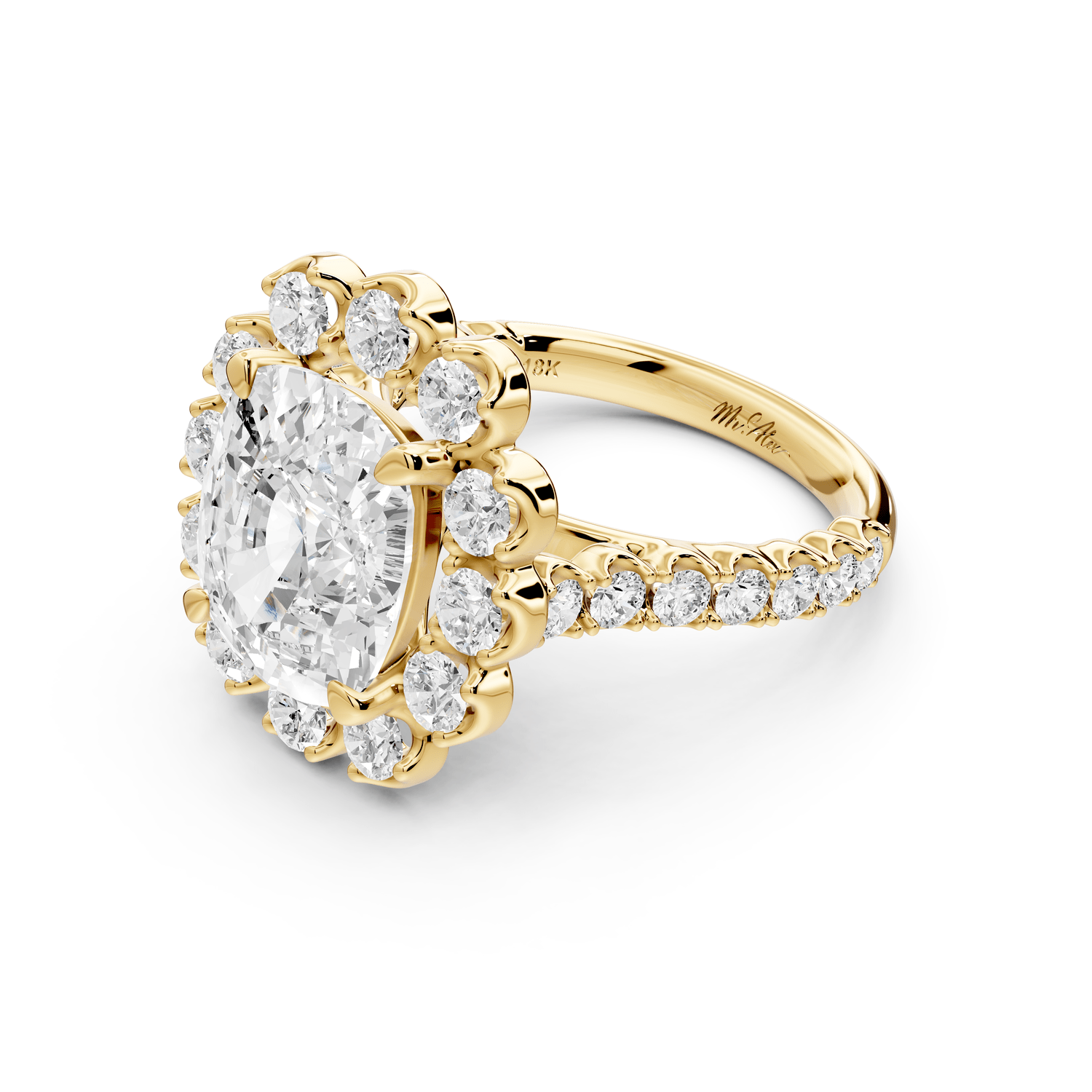 Anastasia - 5ct 18k yellow gold ecushion Diamond with Floral Halo and Pavé engagement Ring - Mr. Alex Jewelry