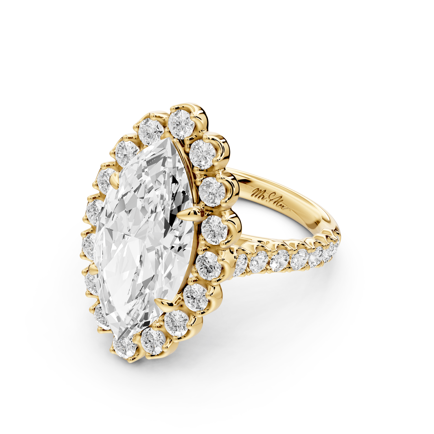 Anastasia - 5ct 18k yellow gold marquise Diamond with Floral Halo and Pavé engagement Ring - Mr. Alex Jewelry