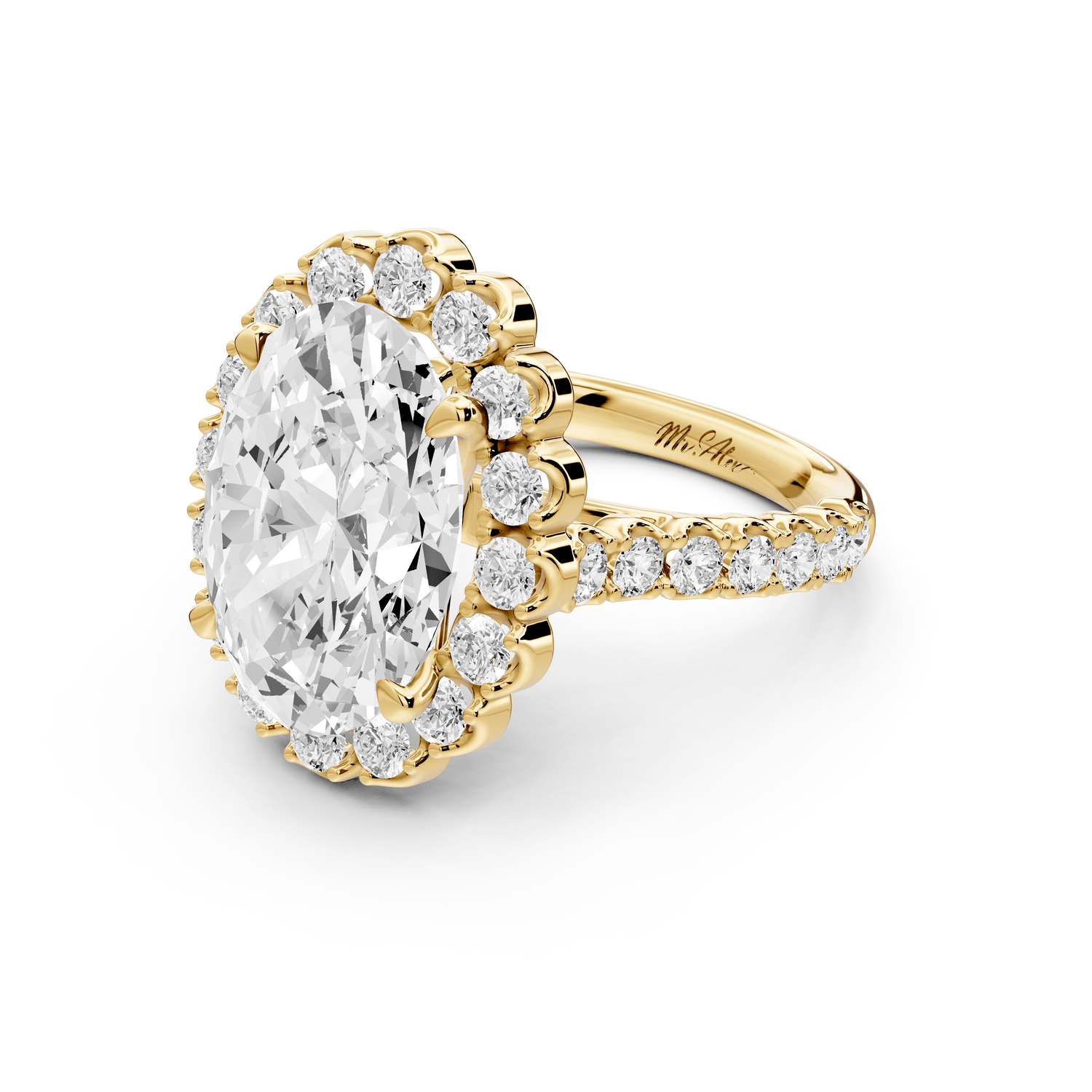 Anastasia - 5ct 18k yellow gold oval Diamond with Floral Halo and Pavé engagement Ring - Mr. Alex Jewelry