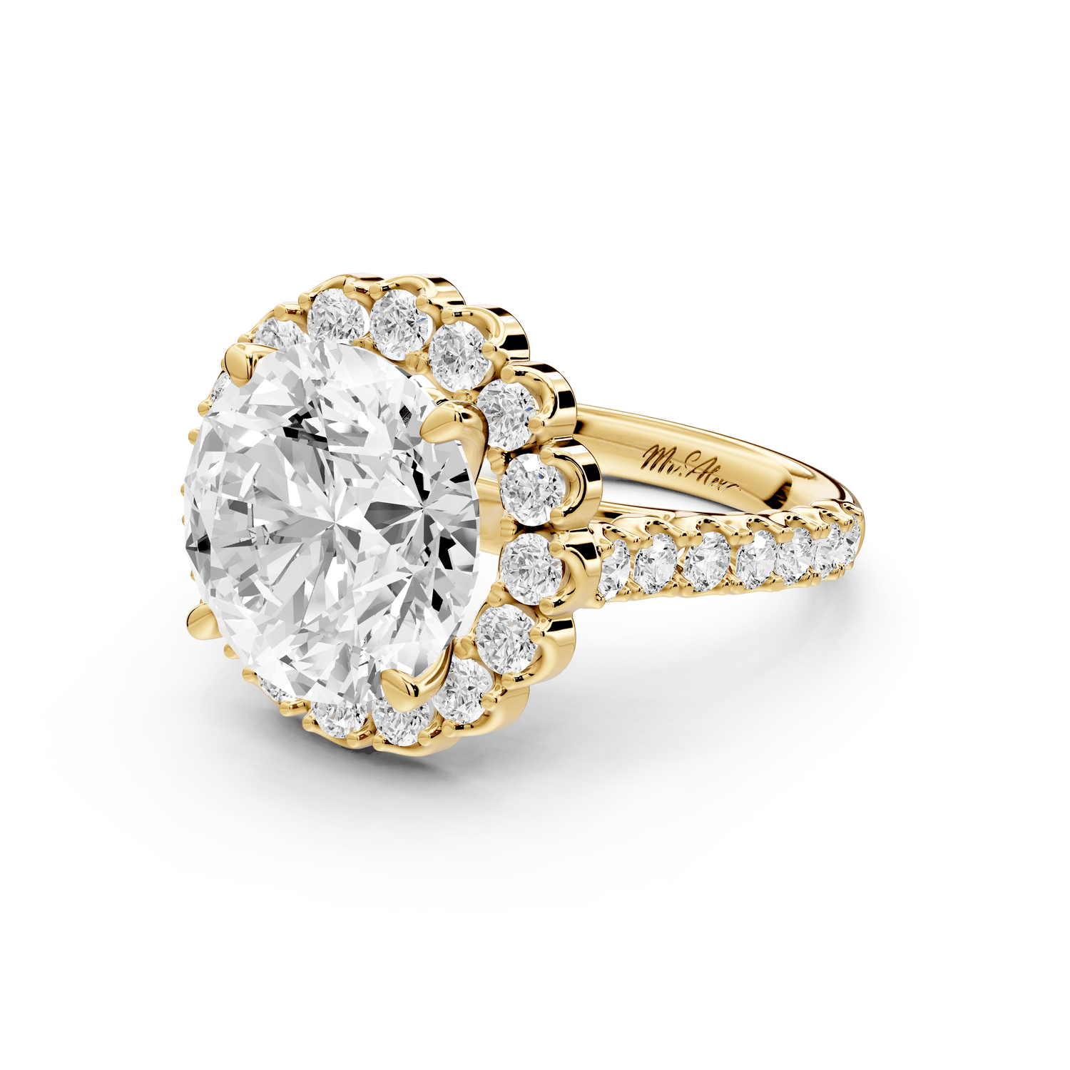 Anastasia - 5ct 18k yellow gold round Diamond with Floral Halo and Pavé engagement Ring - Mr. Alex Jewelry