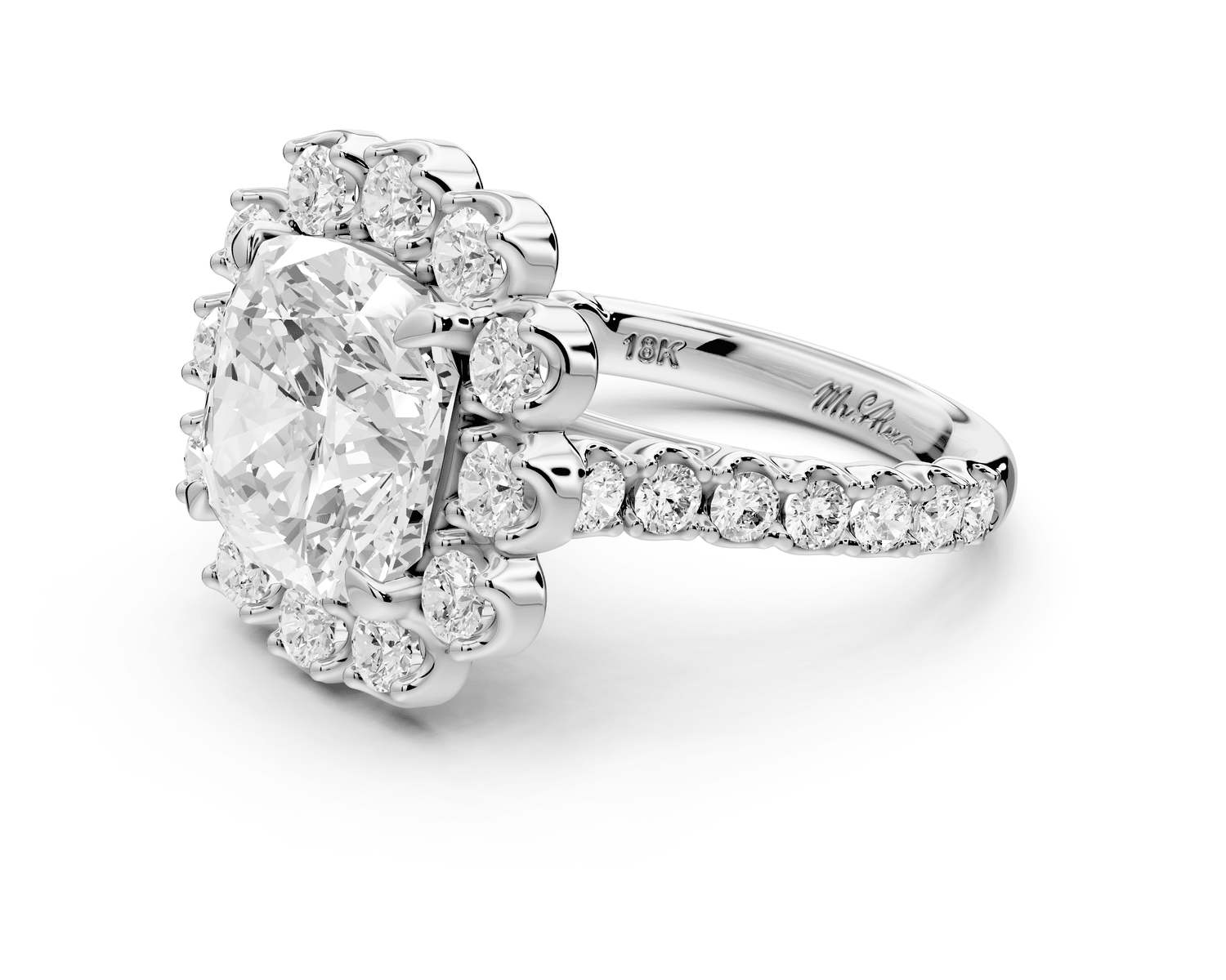 Anastasia - 5ct platinum cushion Diamond with Floral Halo and Pavé engagement Ring - Mr. Alex Jewelry