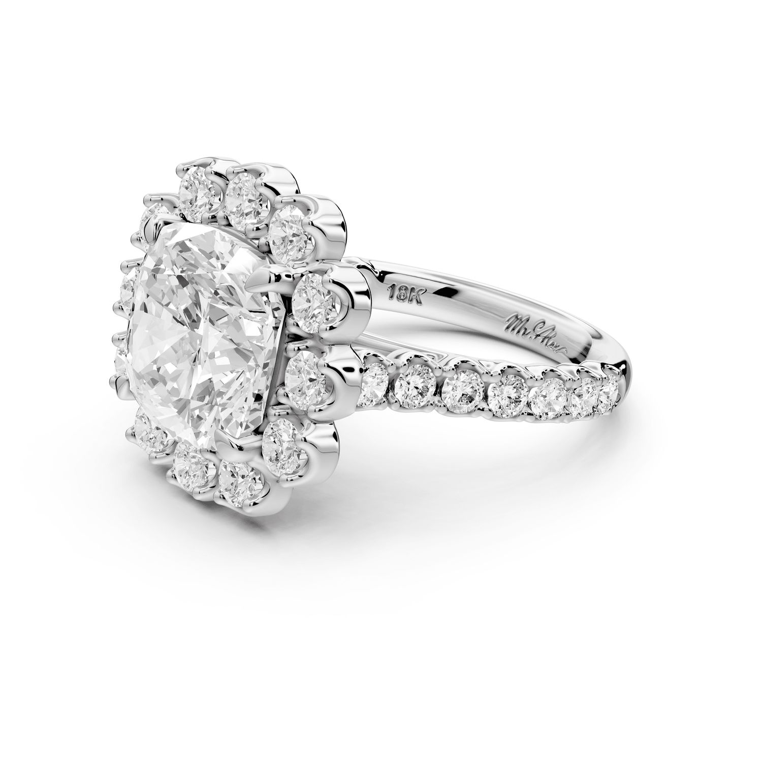 Anastasia - 5ct platinum cushion Diamond with Floral Halo and Pavé engagement Ring - Mr. Alex Jewelry