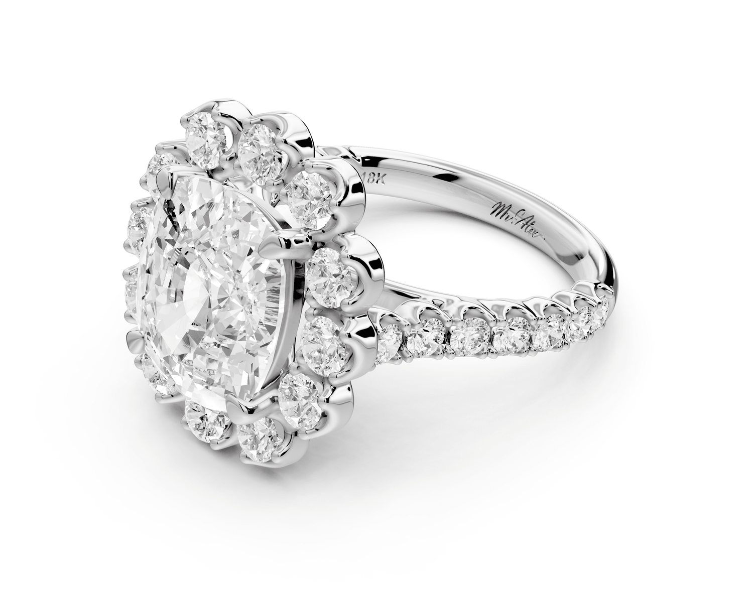 Anastasia - 5ct platinum ecushion Diamond with Floral Halo and Pavé engagement Ring - Mr. Alex Jewelry