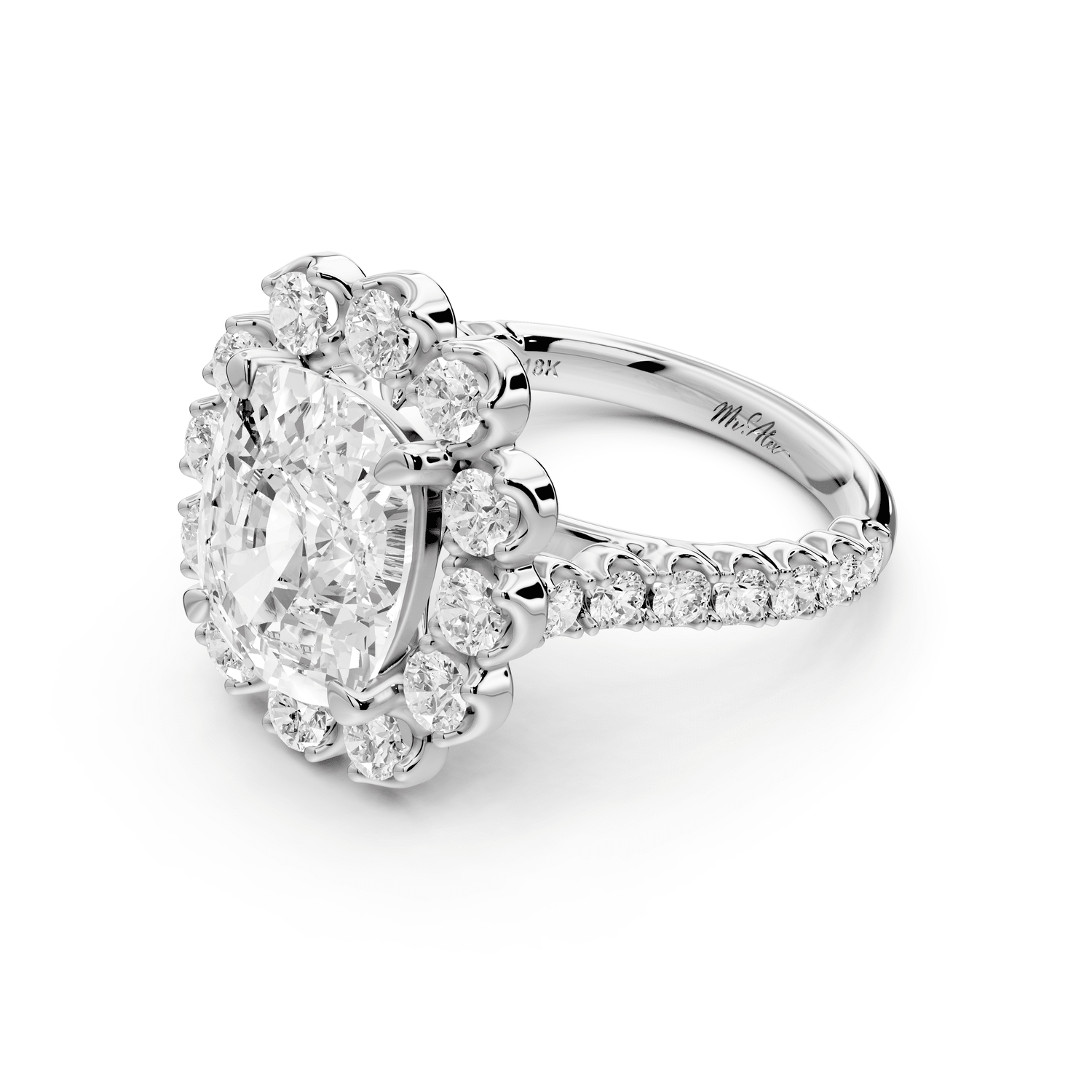 Anastasia - 5ct platinum ecushion Diamond with Floral Halo and Pavé engagement Ring - Mr. Alex Jewelry