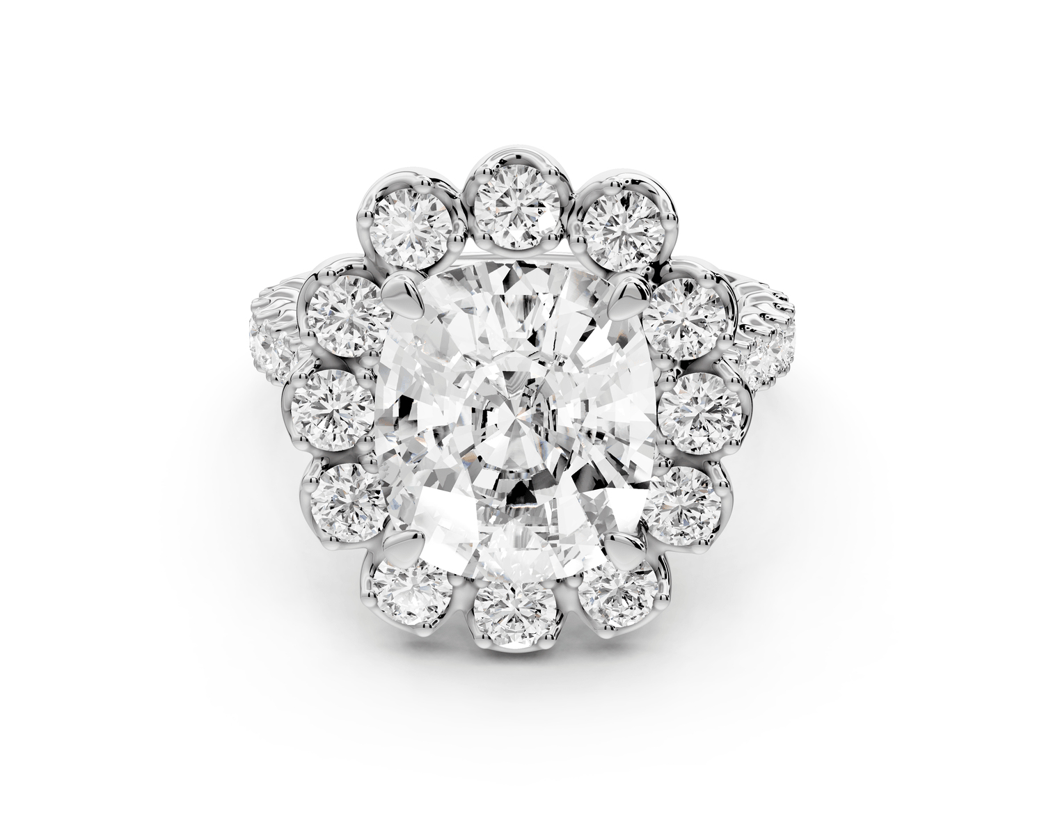 Anastasia - 5ct platinum ecushion Diamond with Floral Halo and Pavé engagement Ring - Mr. Alex Jewelry