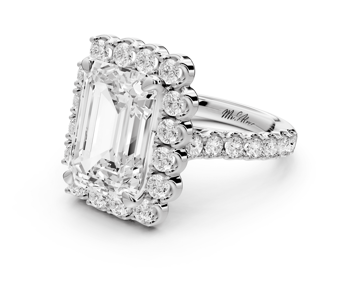 Anastasia - 5ct platinum emerald Diamond with Floral Halo and Pavé engagement Ring - Mr. Alex Jewelry