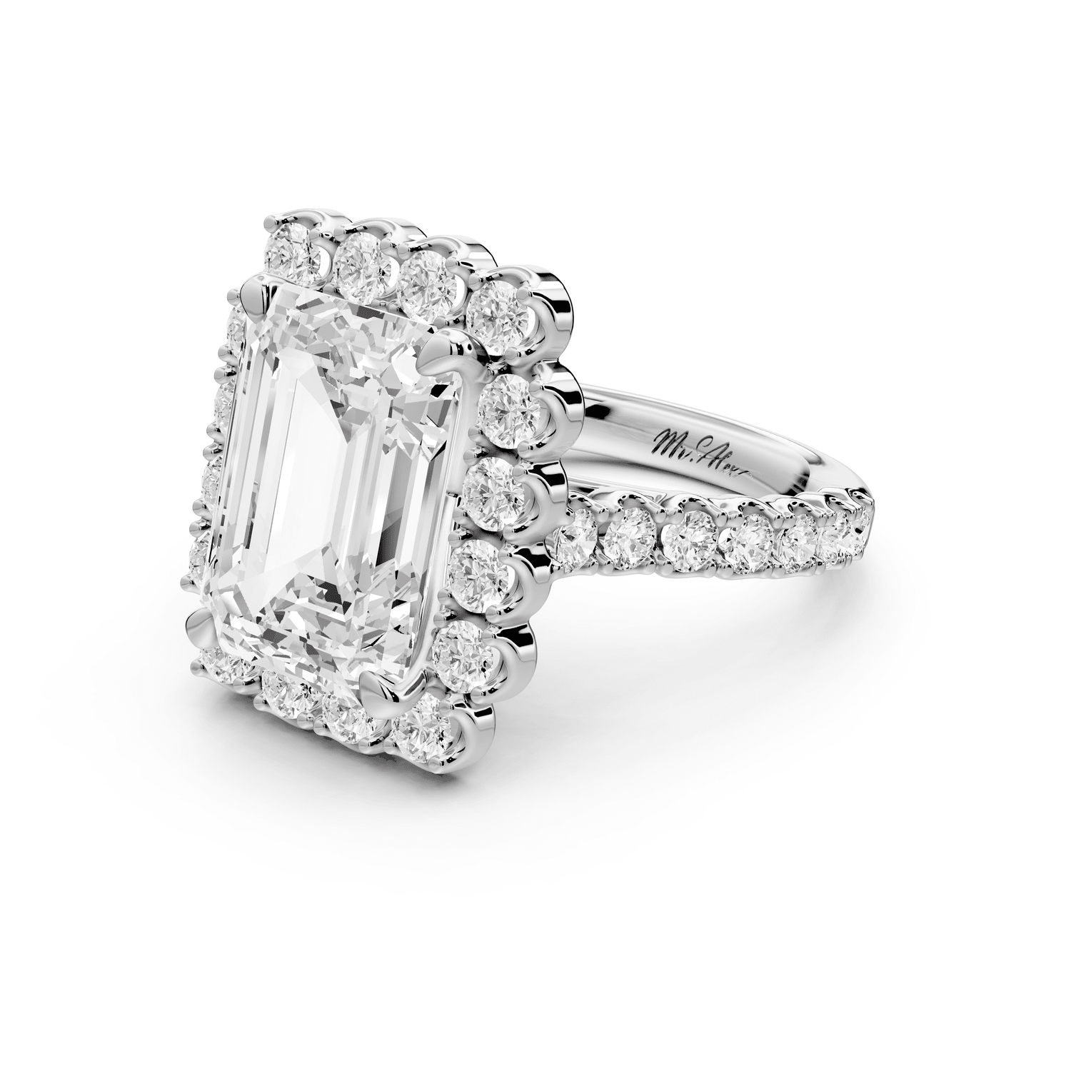 Anastasia - 5ct platinum emerald Diamond with Floral Halo and Pavé engagement Ring - Mr. Alex Jewelry