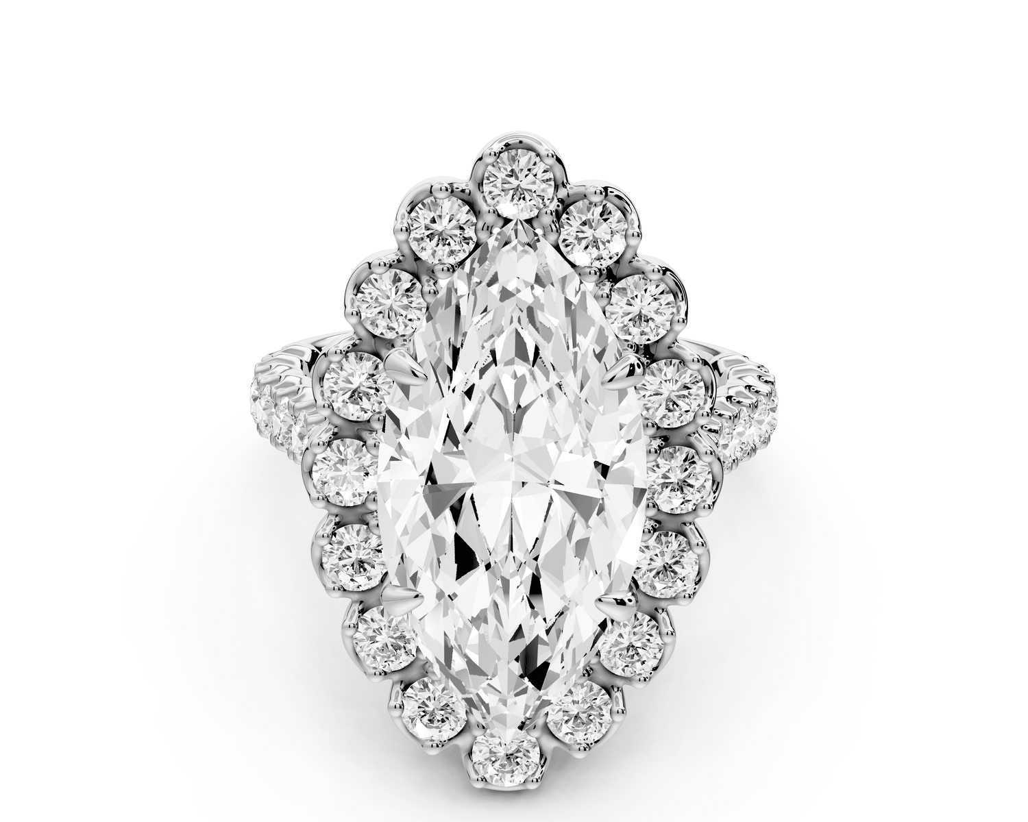 Anastasia - 5ct platinum marquise Diamond with Floral Halo and Pavé engagement Ring - Mr. Alex Jewelry