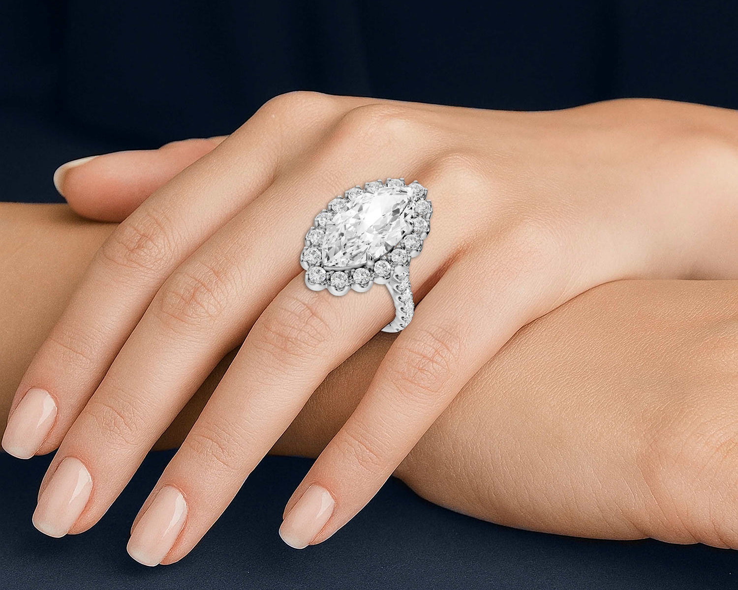 Anastasia - 5ct platinum marquise Diamond with Floral Halo and Pavé engagement Ring - Mr. Alex Jewelry
