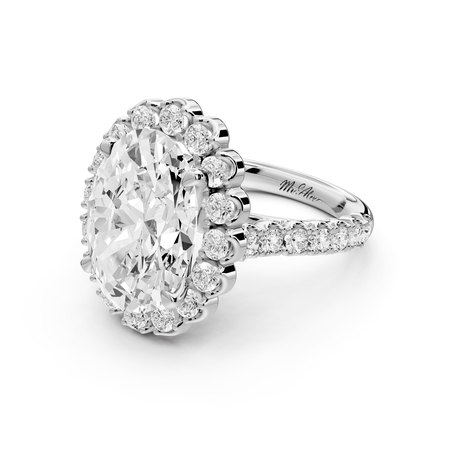 Anastasia - 5ct platinum oval Diamond with Floral Halo and Pavé engagement Ring - Mr. Alex Jewelry
