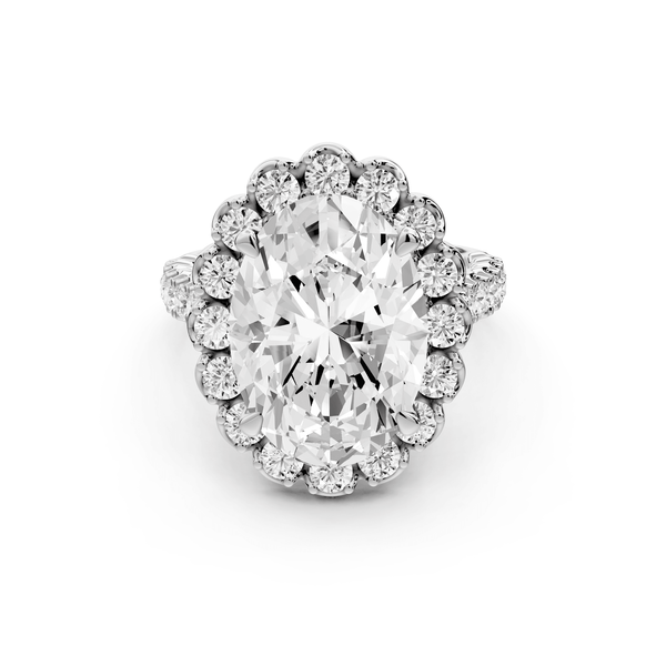 Anastasia - 5ct platinum oval Diamond with Floral Halo and Pavé engagement Ring - Mr. Alex Jewelry