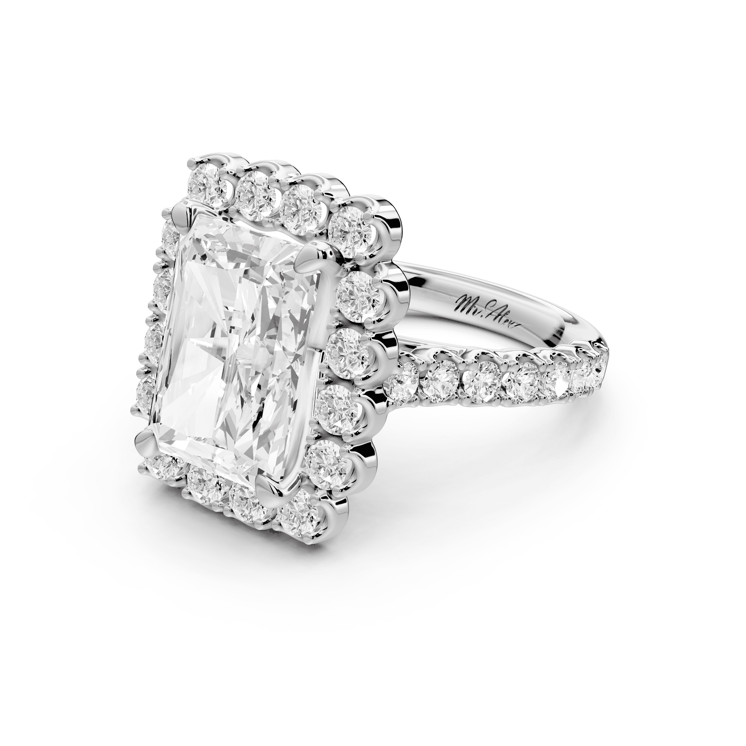 Anastasia - 5ct platinum radiant Diamond with Floral Halo and Pavé engagement Ring - Mr. Alex Jewelry