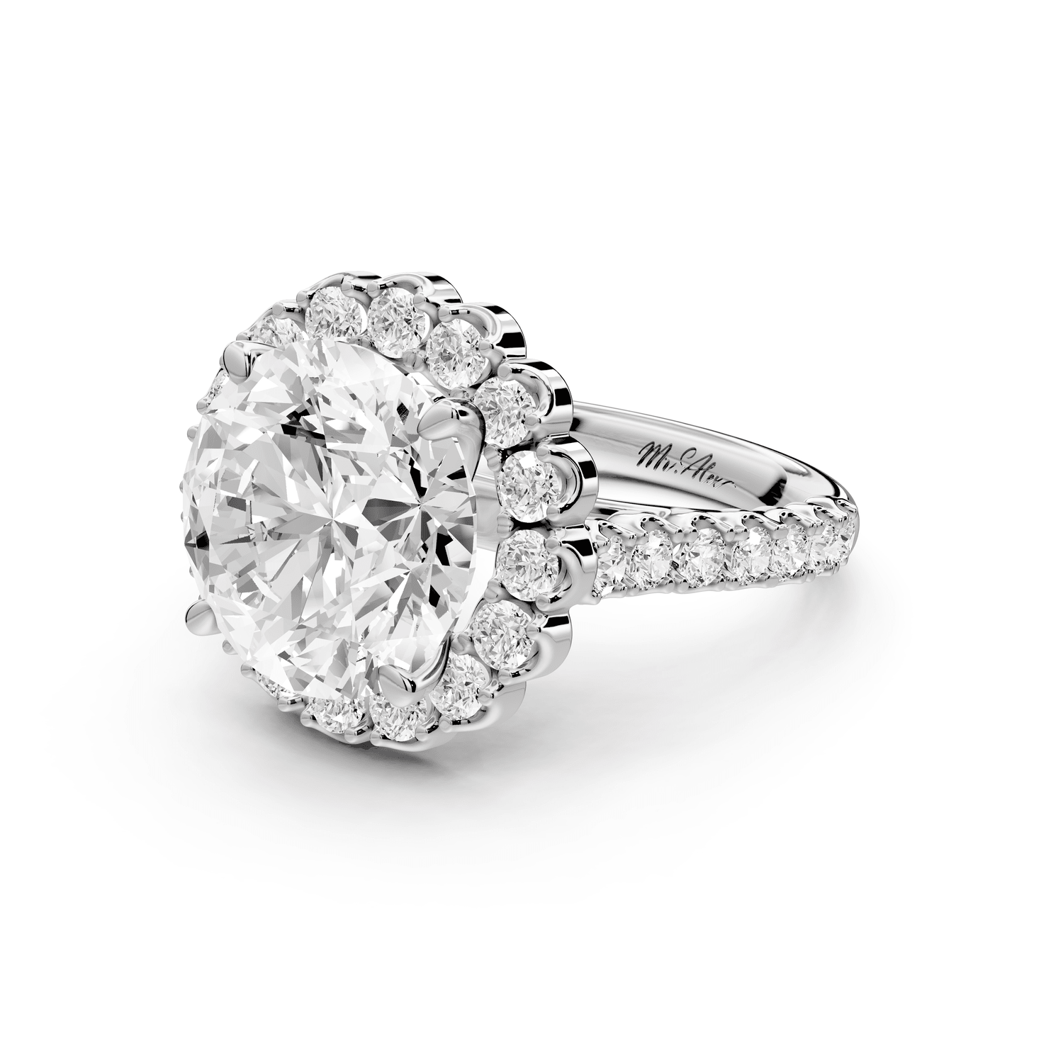 Anastasia - 5ct platinum round Diamond with Floral Halo and Pavé engagement Ring - Mr. Alex Jewelry