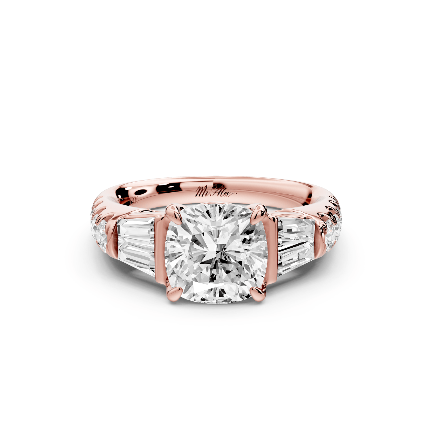 Aria - 2ct 14k rose gold cushion Diamond with tapered baguettes and round accent stones engagement ring - Mr. Alex Jewelry