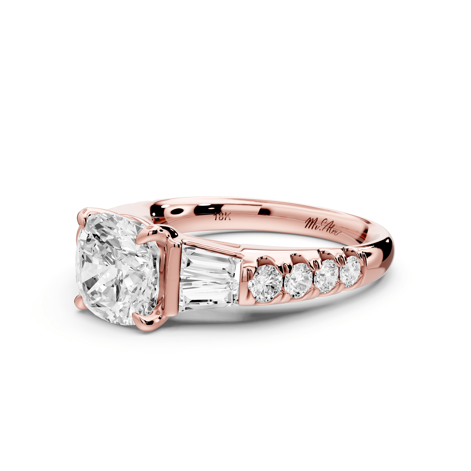 Aria - 2ct 14k rose gold cushion Diamond with tapered baguettes and round accent stones engagement ring - Mr. Alex Jewelry