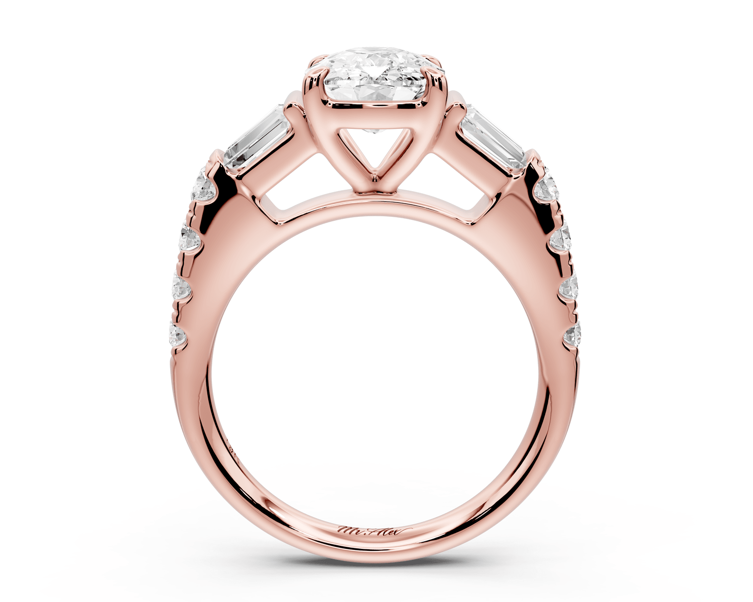 Aria - 2ct 14k rose gold Elongated Cushion Diamond with tapered baguettes and round accent stones engagement ring - Mr. Alex Jewelry