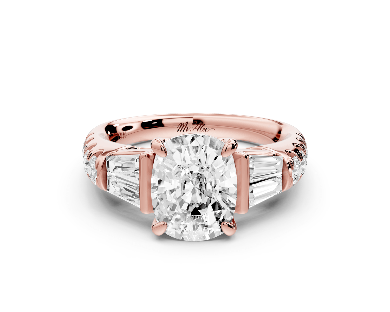 Aria - 2ct 14k rose gold Elongated Cushion Diamond with tapered baguettes and round accent stones engagement ring - Mr. Alex Jewelry