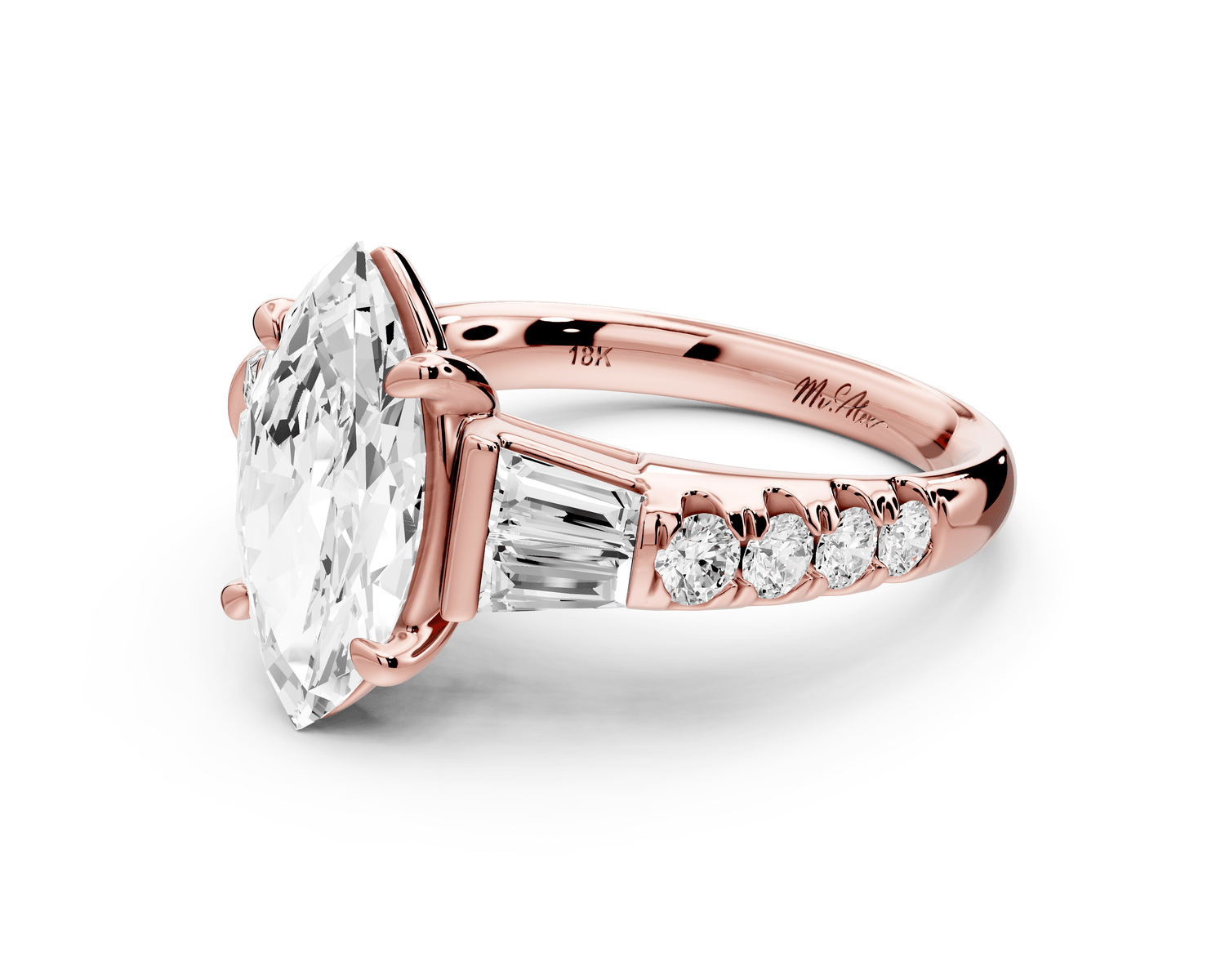 Aria - 2ct 14k rose gold marquise Diamond with tapered baguettes and round accent stones engagement ring - Mr. Alex Jewelry