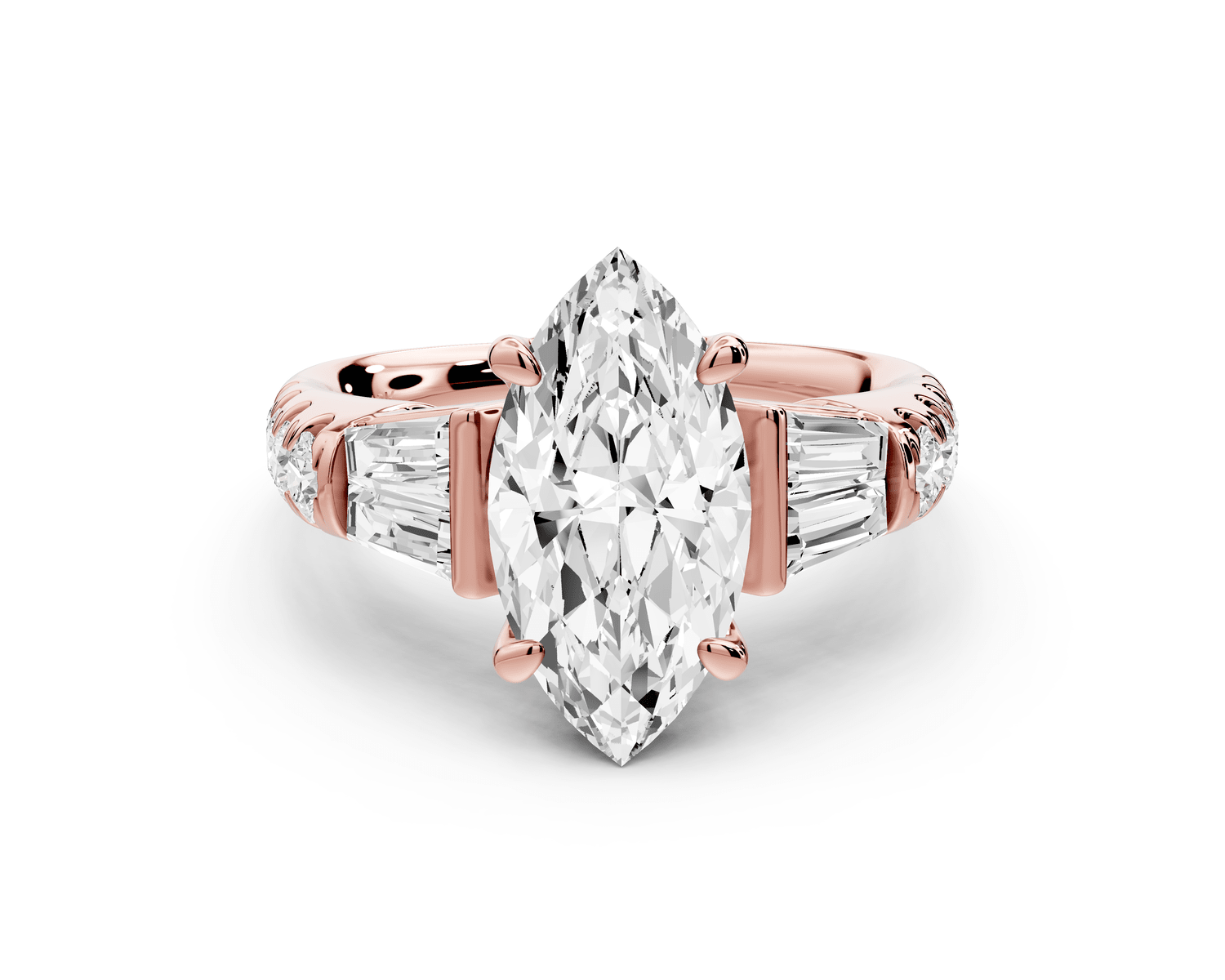 Aria - 2ct 14k rose gold marquise Diamond with tapered baguettes and round accent stones engagement ring - Mr. Alex Jewelry