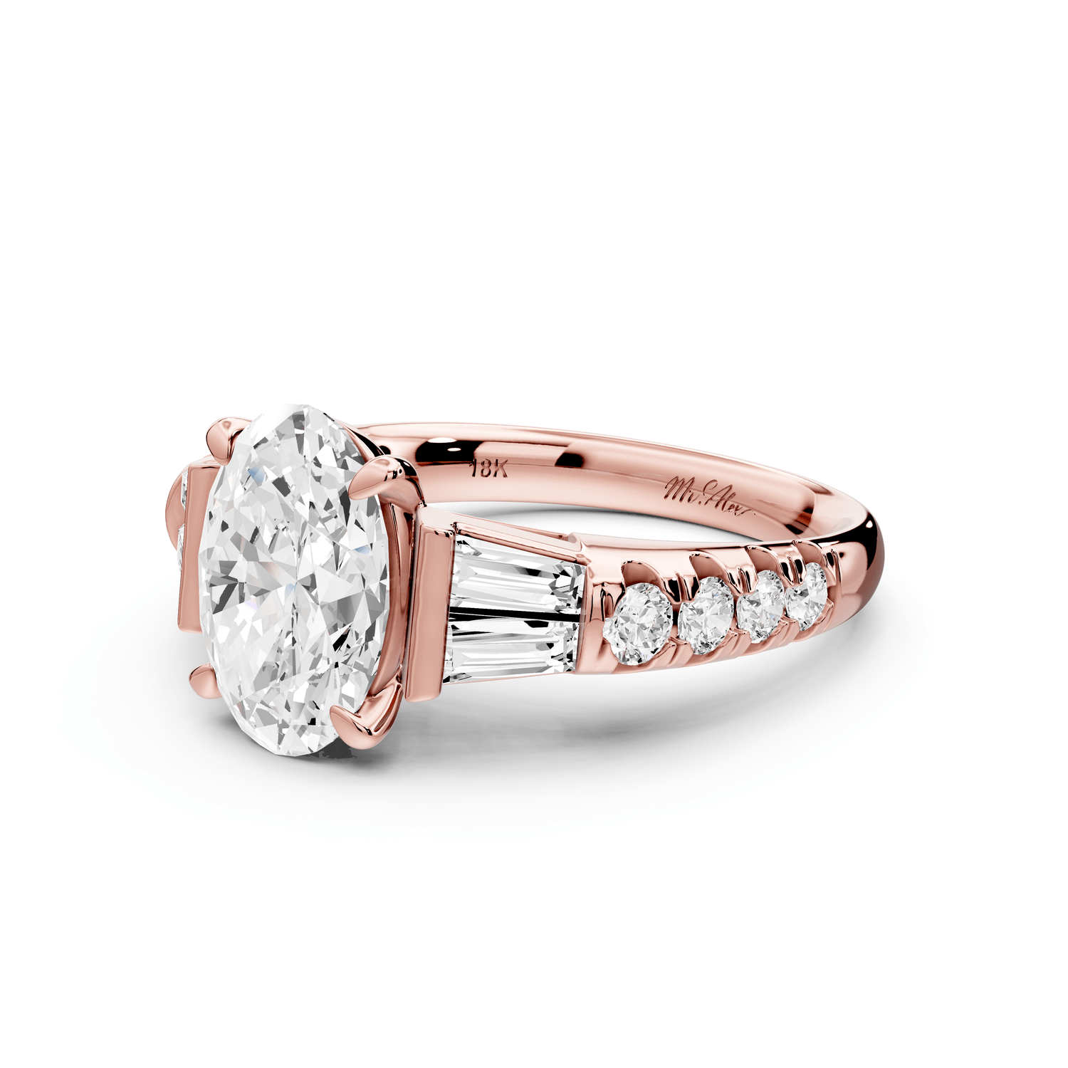 Aria - 2ct 14k rose gold oval Diamond with tapered baguettes and round accent stones Engagement ring - Mr. Alex Jewelry