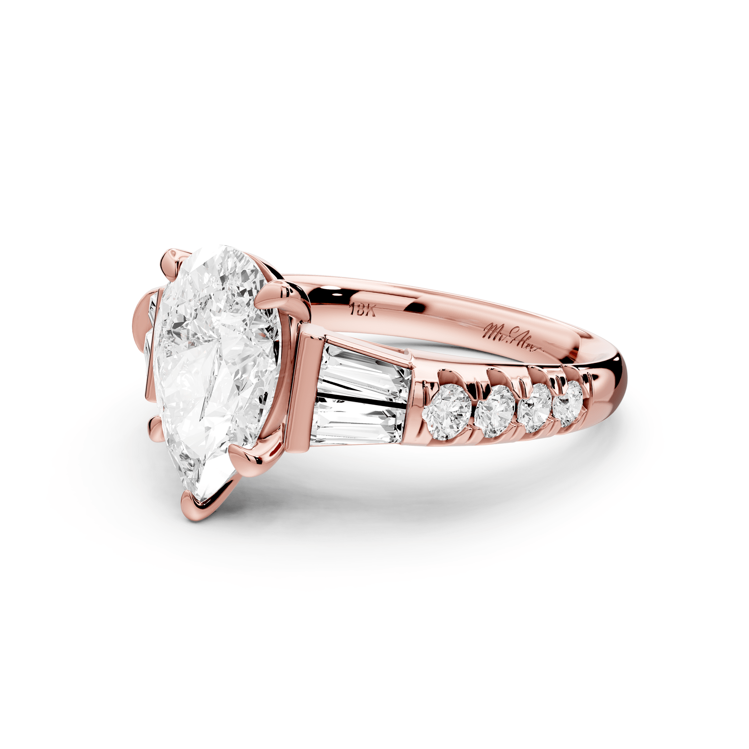 Aria - 2ct 14k rose gold pear Diamond with tapered baguettes and round accent stones Engagement ring - Mr. Alex Jewelry