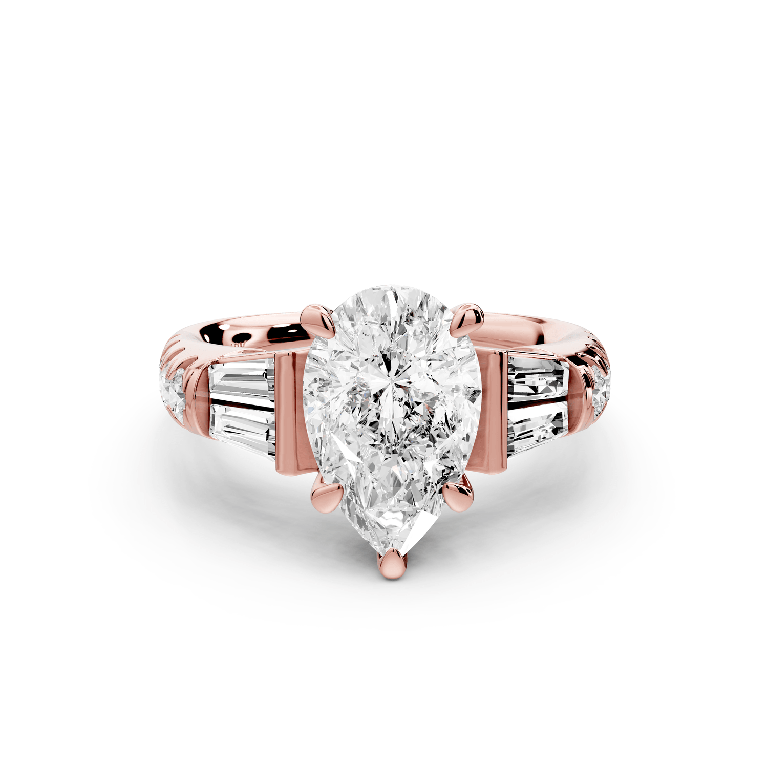 Aria - 2ct 14k rose gold pear Diamond with tapered baguettes and round accent stones Engagement ring - Mr. Alex Jewelry