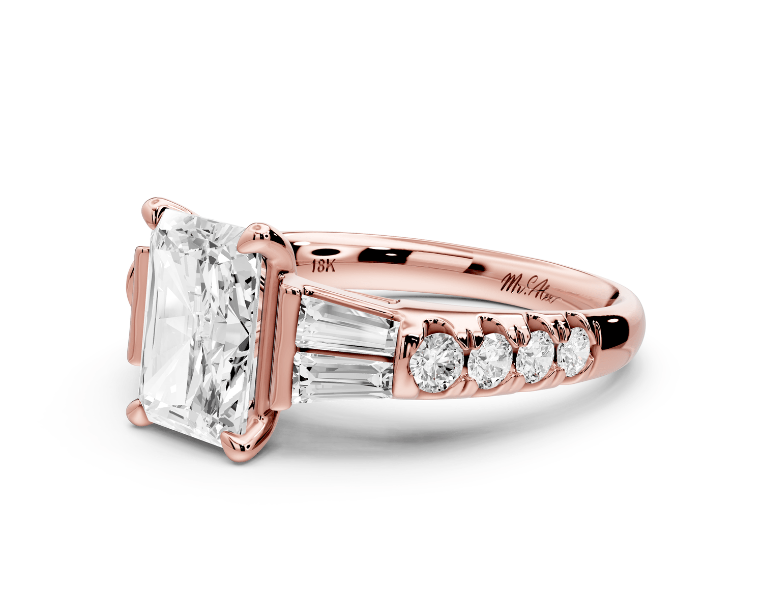 Aria - 2ct 14k rose gold radiant Diamond with tapered baguettes and round accent stones engagement ring - Mr. Alex Jewelry