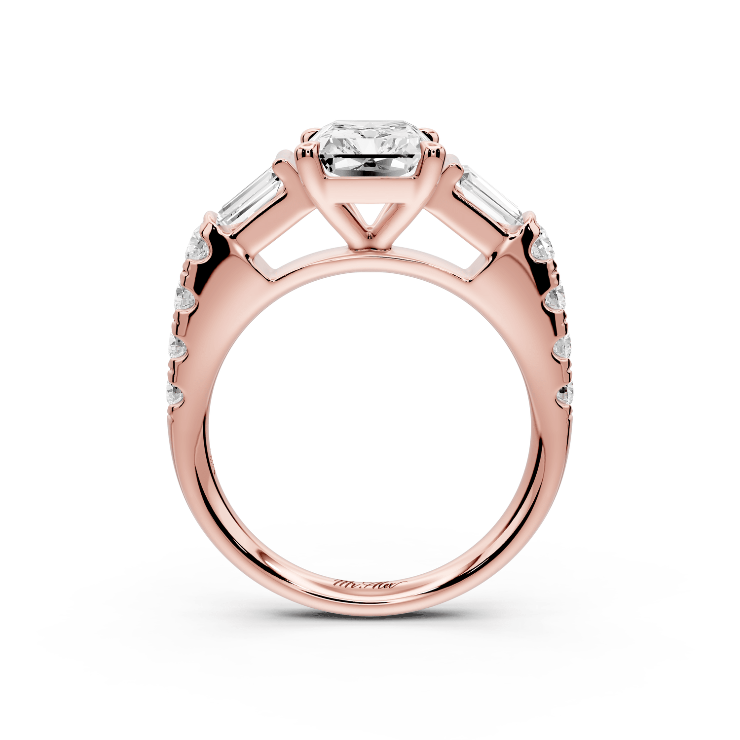 Aria - 2ct 14k rose gold radiant Diamond with tapered baguettes and round accent stones engagement ring - Mr. Alex Jewelry