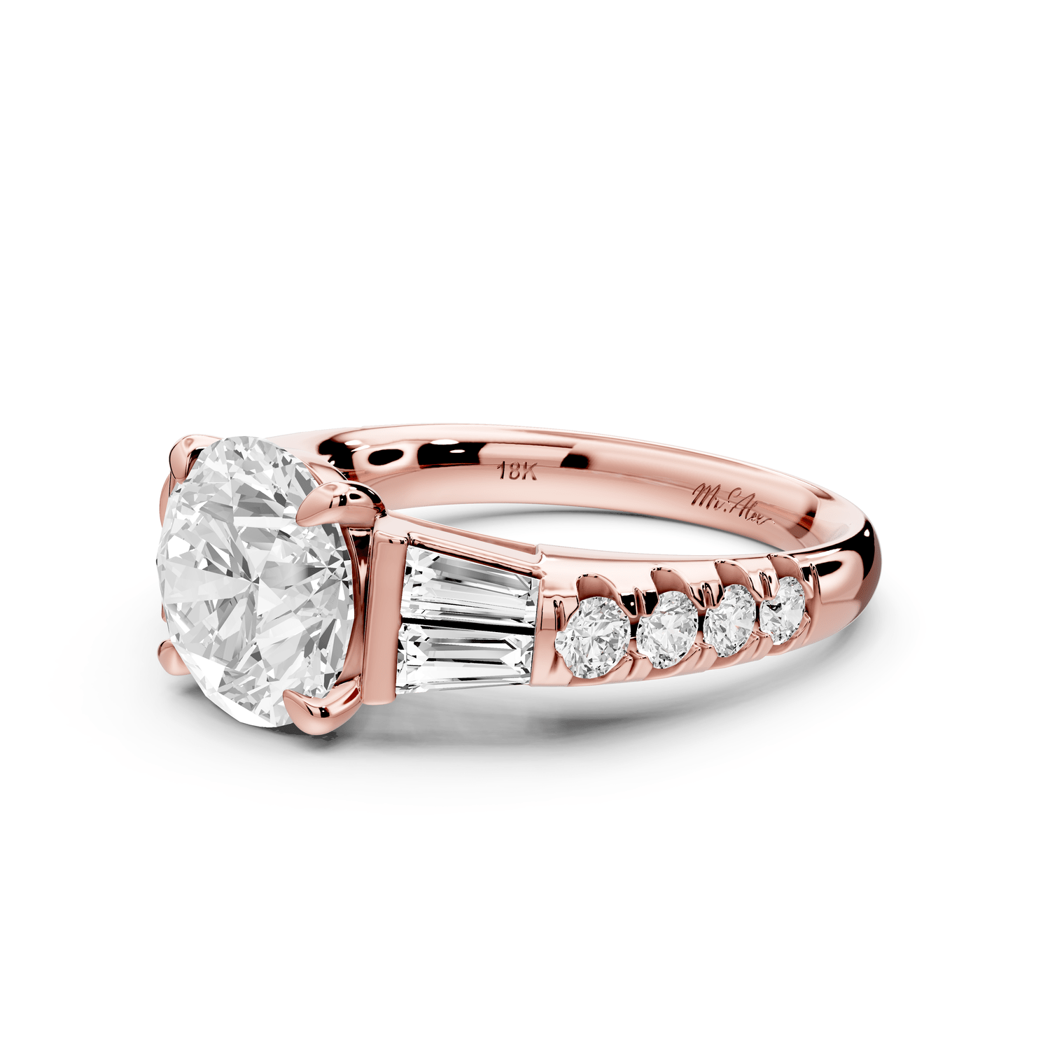 Aria - 2ct 14k rose gold round Diamond with tapered baguettes and round accent stones engagment ring - Mr. Alex Jewelry