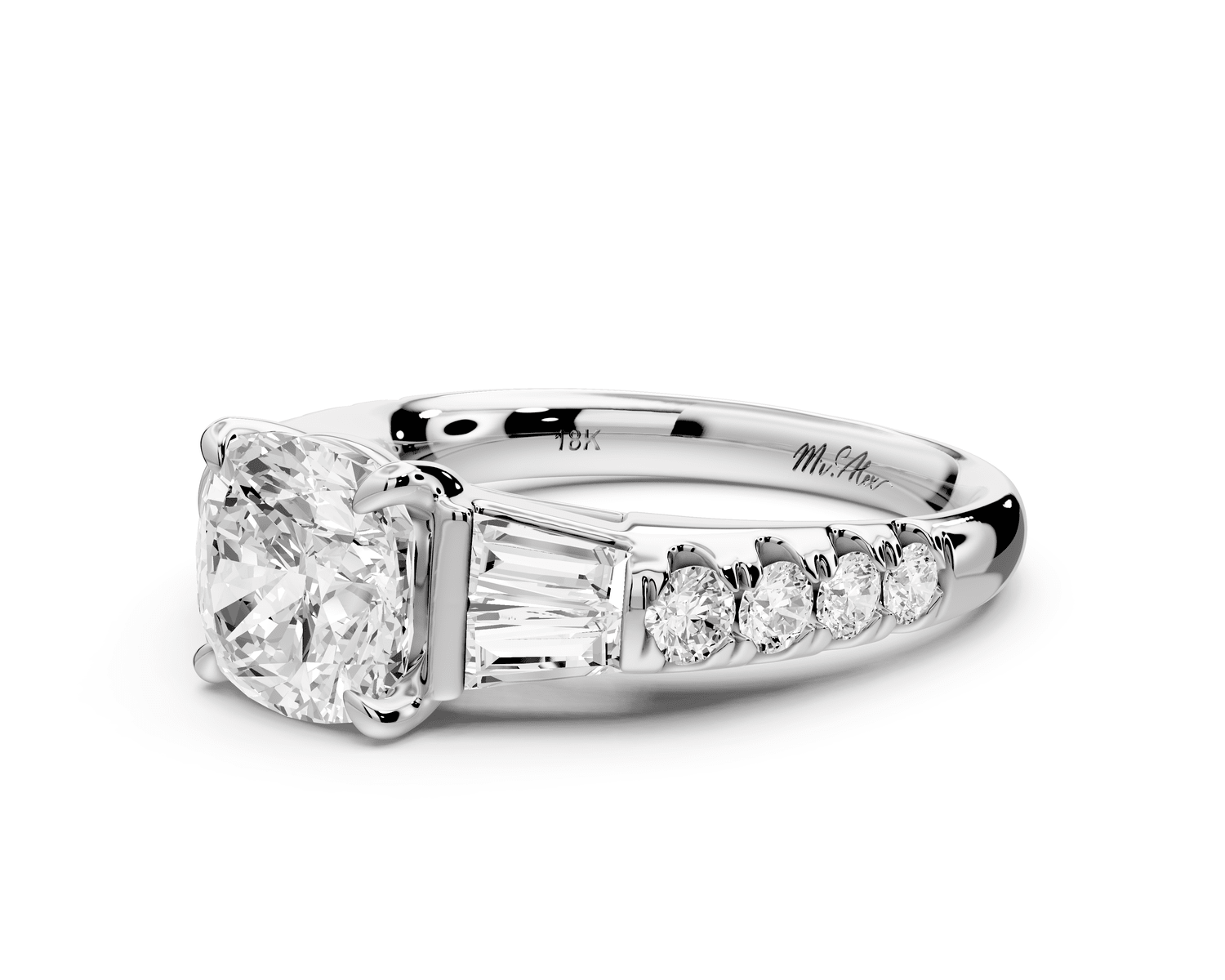 Aria - 2ct 14k white gold cushion Diamond with tapered baguettes and round accent stones engagement ring - Mr. Alex Jewelry