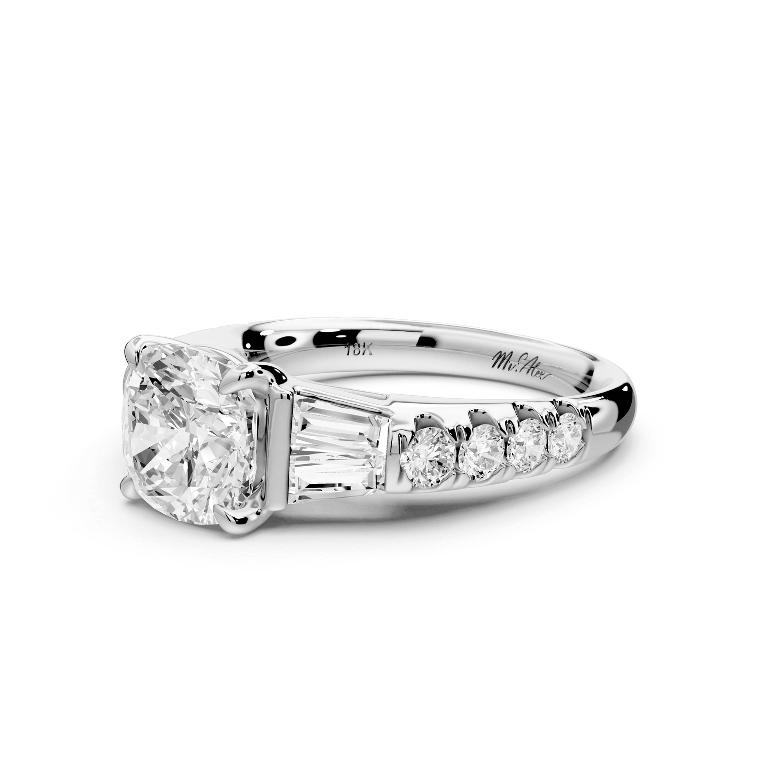 Aria - 2ct 14k white gold cushion Diamond with tapered baguettes and round accent stones engagement ring - Mr. Alex Jewelry
