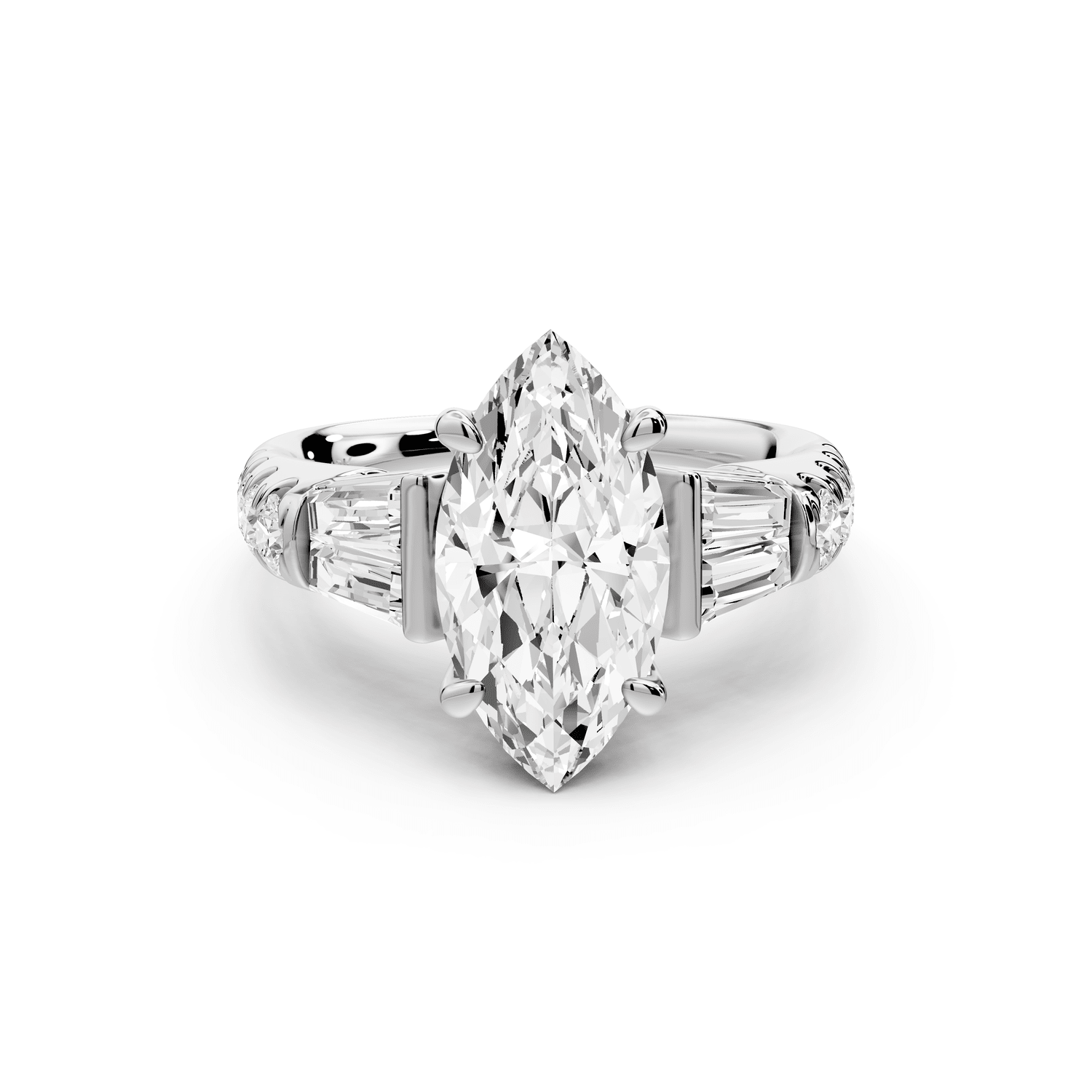 Aria - 2ct 14k white gold marquise Diamond with tapered baguettes and round accent stones engagement ring - Mr. Alex Jewelry