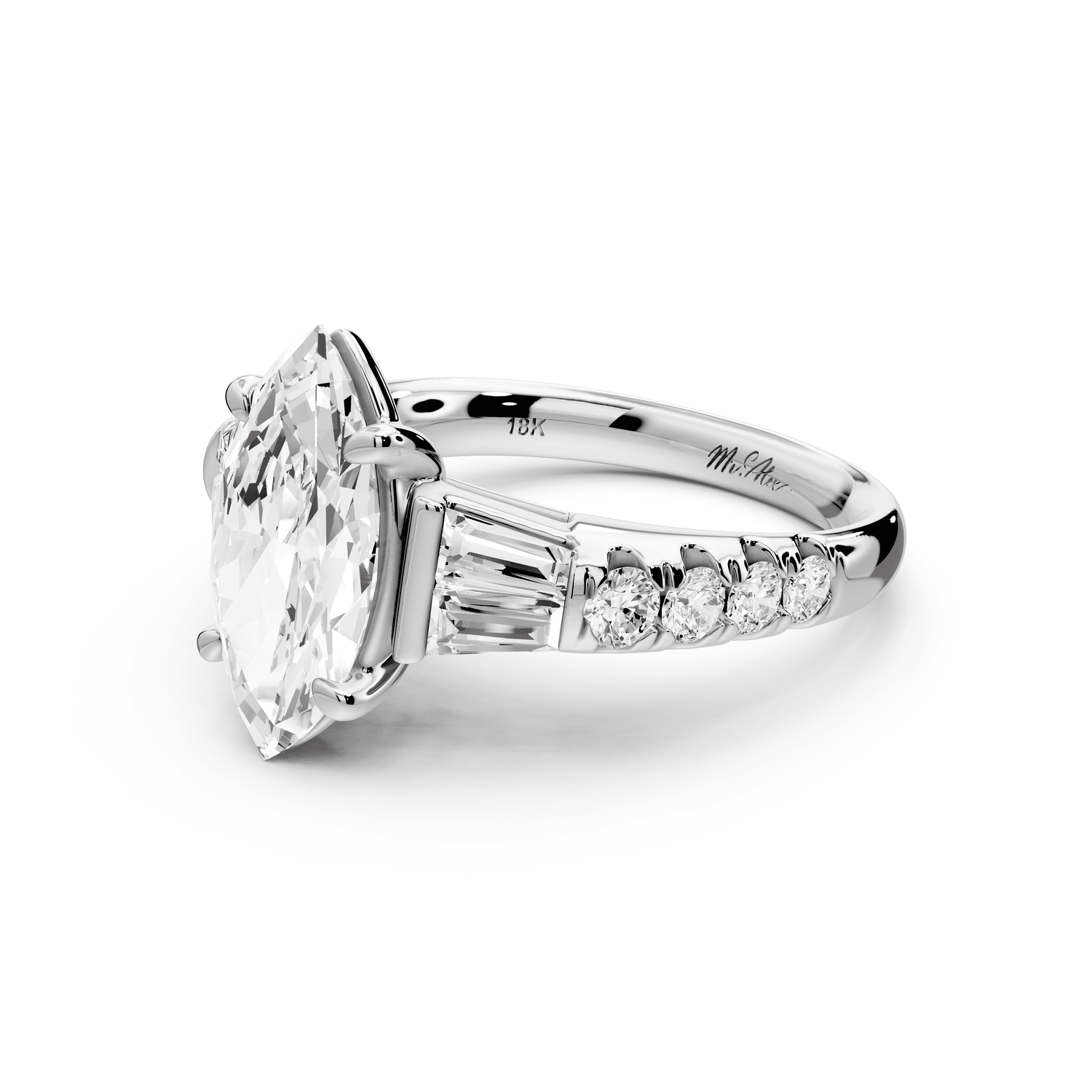 Aria - 2ct 14k white gold marquise Diamond with tapered baguettes and round accent stones engagement ring - Mr. Alex Jewelry